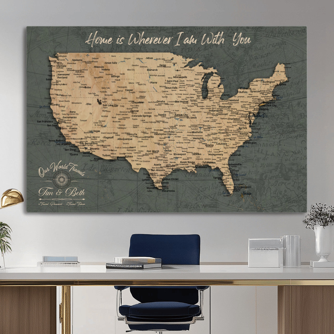 41270900-MGV-CV-36X24 - Custom Push Pin US Map Canvas | Personalized Travel Tracker | USA Cities Map Anniversary Gift for Couples | Adventure America Map Wall Art with Pins