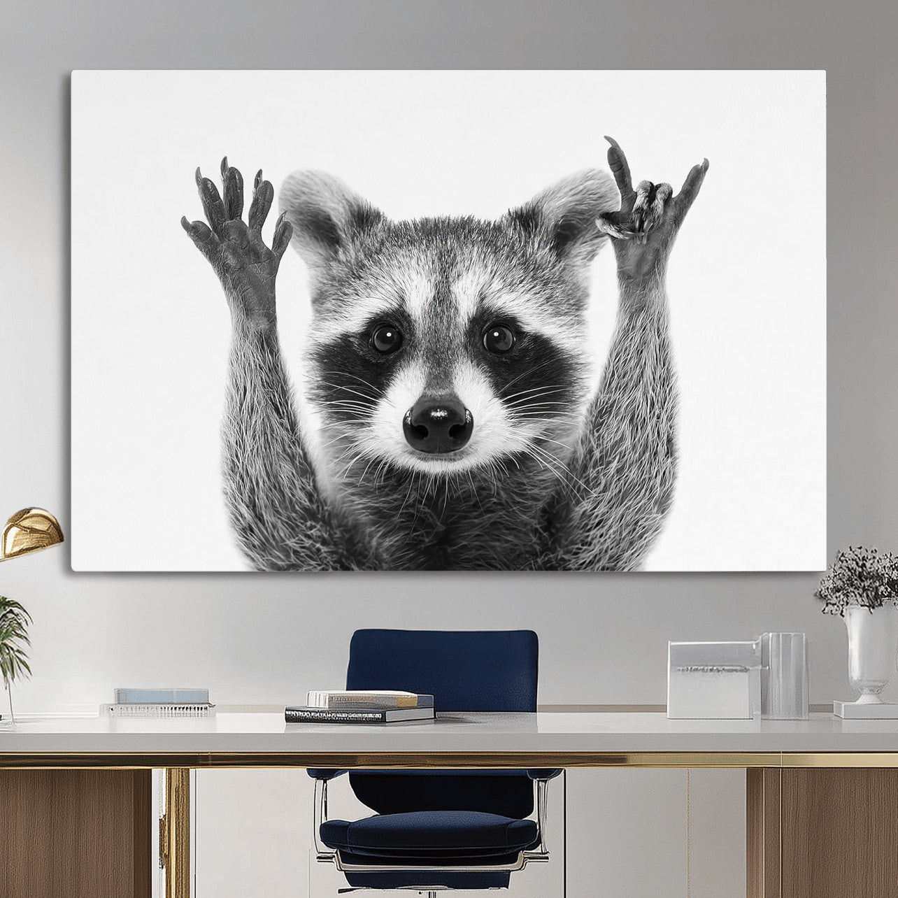 82392228-MGV-CV-36X24 - Funny Raccoon Canvas Wall Art, Black White Hands Up Animal Photo Print, Humorous Wildlife Decor, Kids Room Nursery Art, Quirky Animal Gift