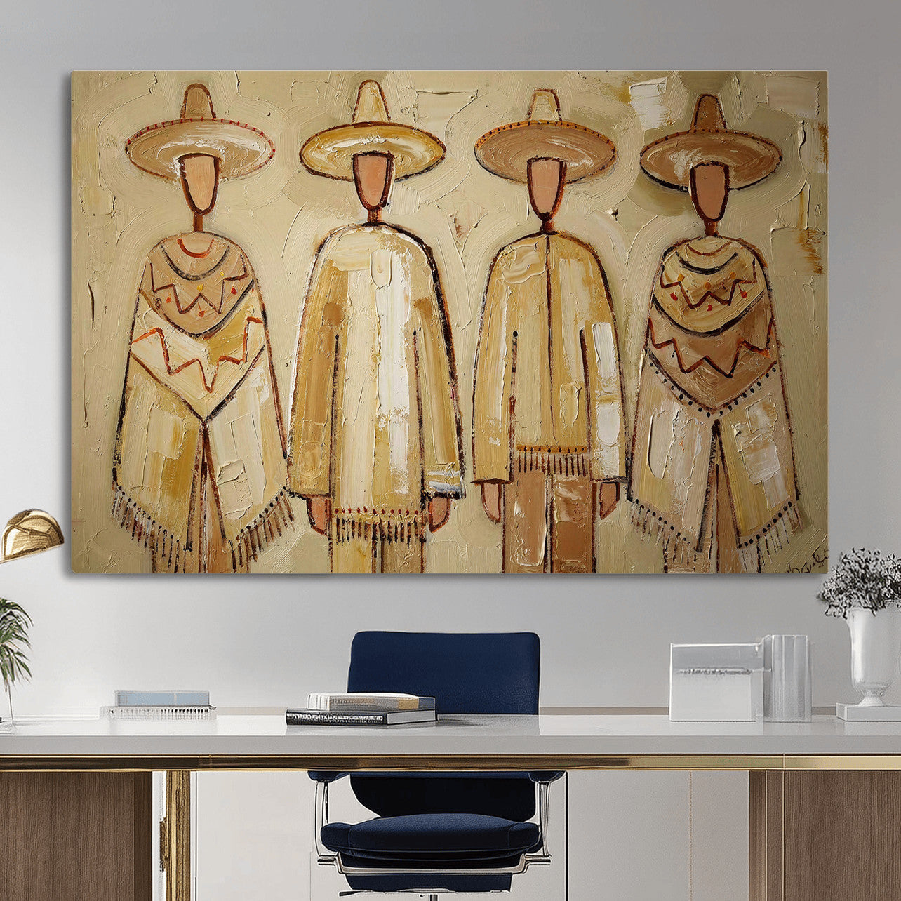 46071653-MGV-CV-36X24 - Mexican Folk Art Canvas Wall Art, Charro Poncho Sombrero Painting Print, Neutral Beige Boho Decor, Southwestern Impasto Style, Living Room Art