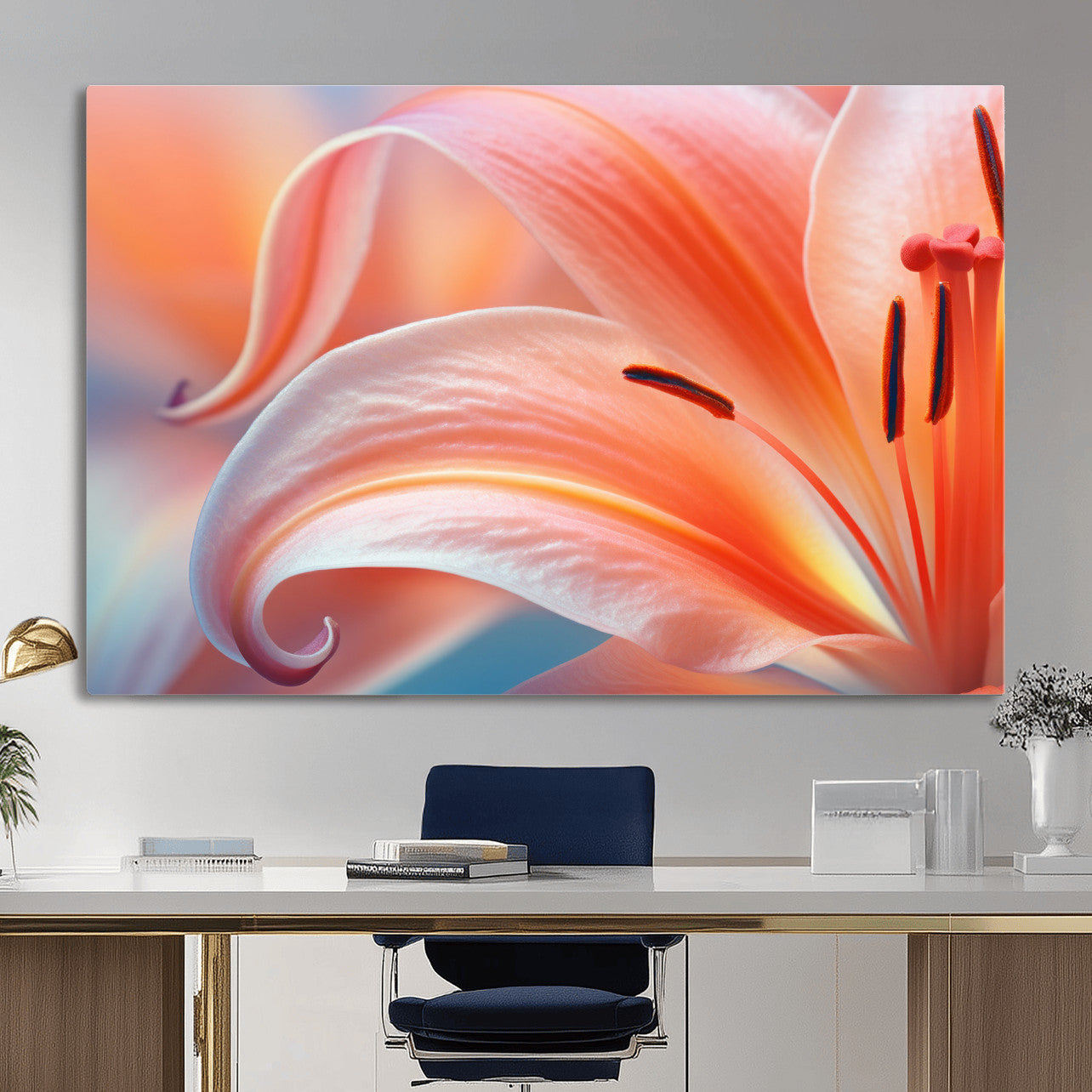 69566231-MGV-CV-36X24 - Peach Lily Canvas Wall Art, Coral Pink Flower Macro Photo Print, Botanical Bedroom Decor, Soft Floral Photography, Living Room Wall Art