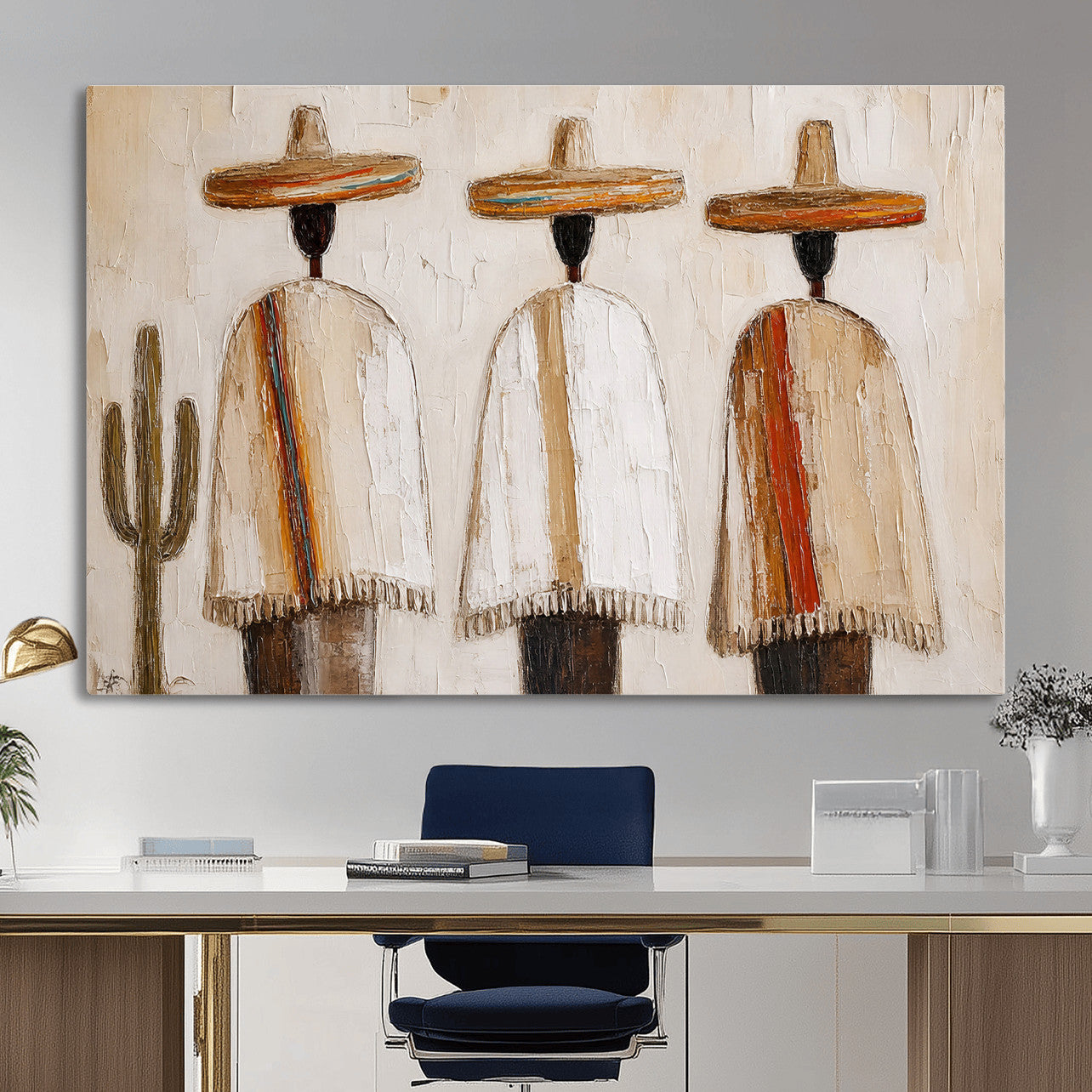 72884785-MGV-CV-36X24 - Mexican Folk Art Canvas Wall Art, Southwestern Sombrero Poncho Painting, Neutral Earthy Boho Decor, Fiesta Living Room Art, Impasto Style Print