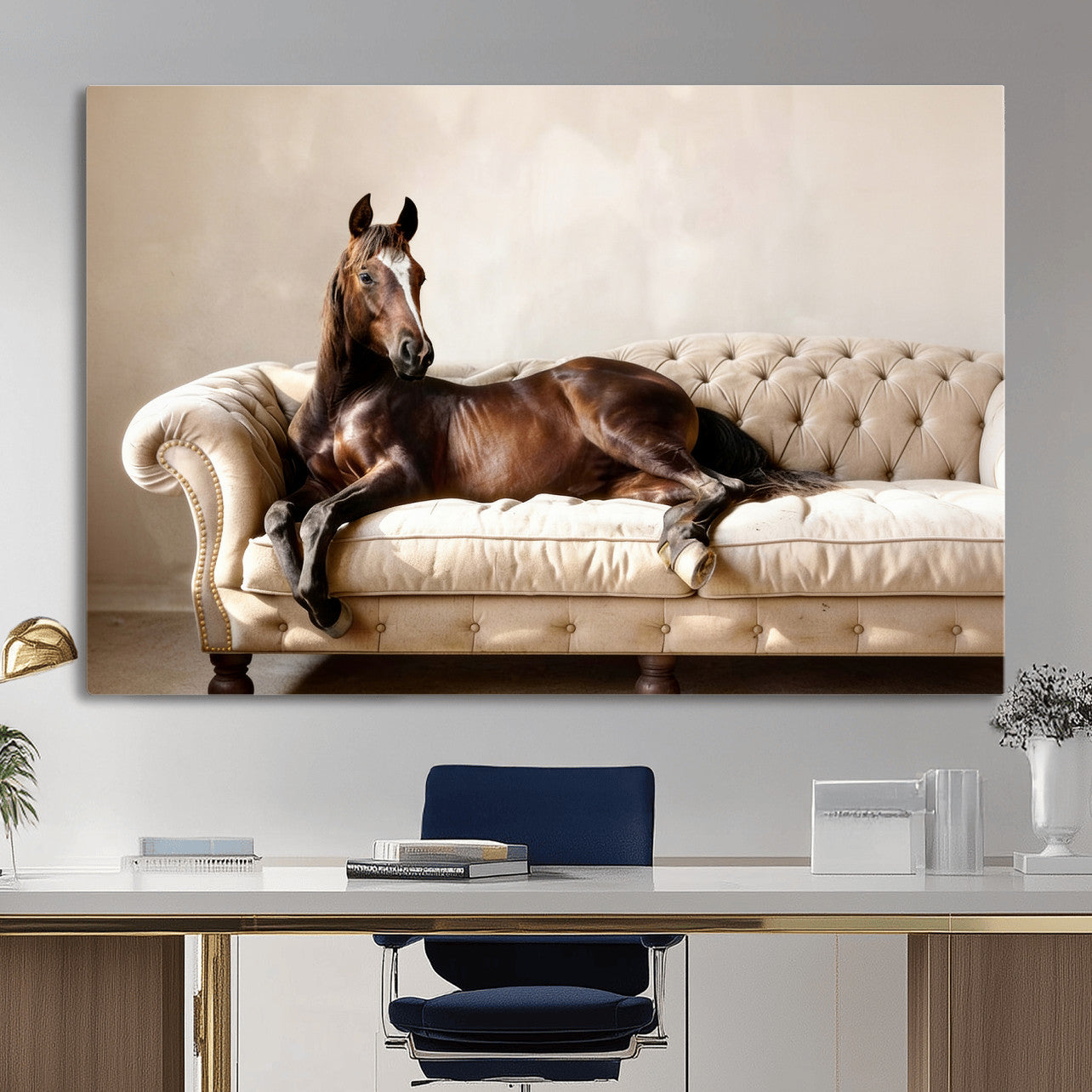 17716841-MGV-CV-36X24 - Funny Horse on Sofa Canvas Wall Art, Quirky Horse Lounging Photo Print, Whimsical Animal Decor, Living Room Conversation Art, Horse Lover Gift