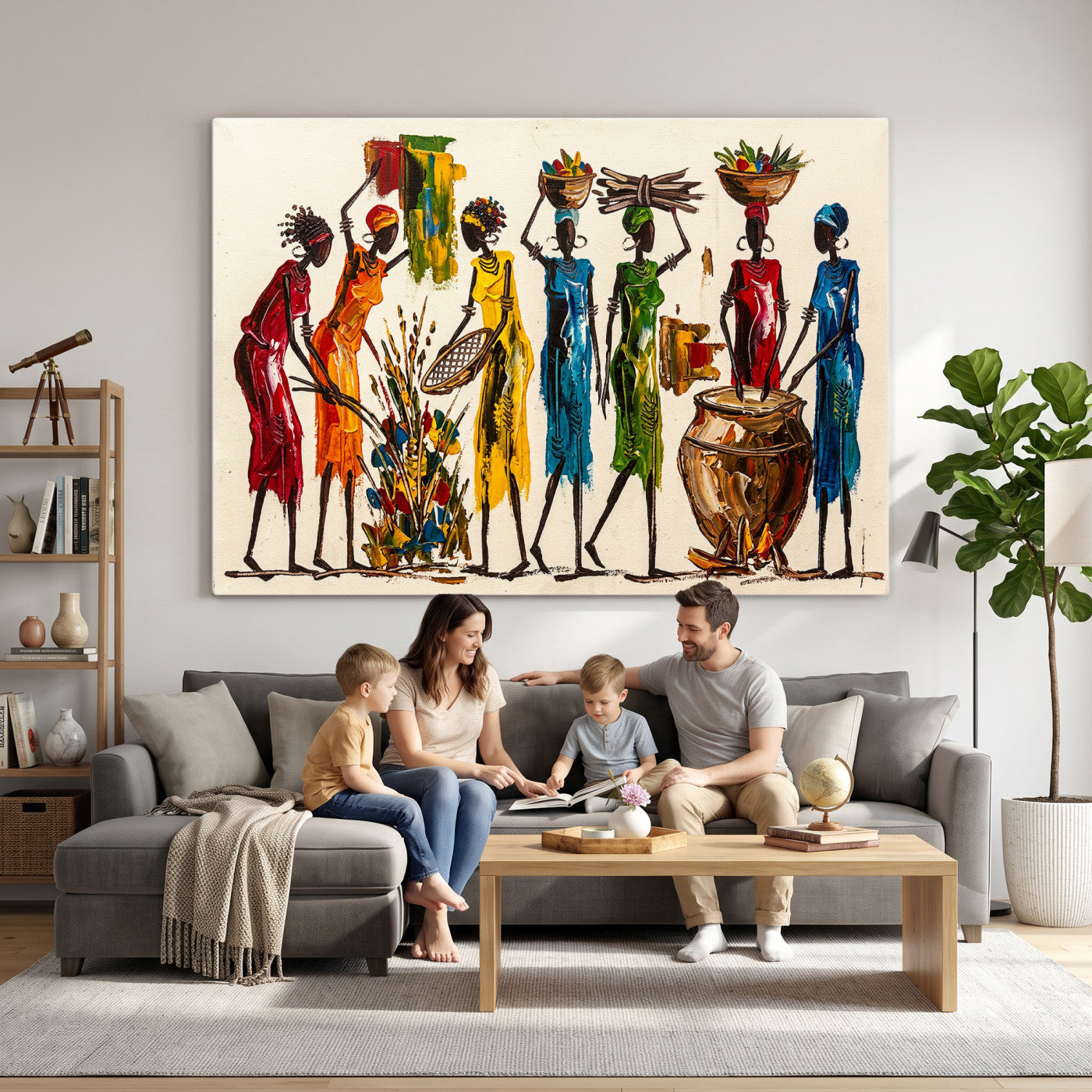 83463154-MGV-CV-36X24 - African Folk Art Canvas Wall Art, Colorful African Women Village Painting Print, Tribal Ethnic Home Decor, Vibrant African Art, Living Room