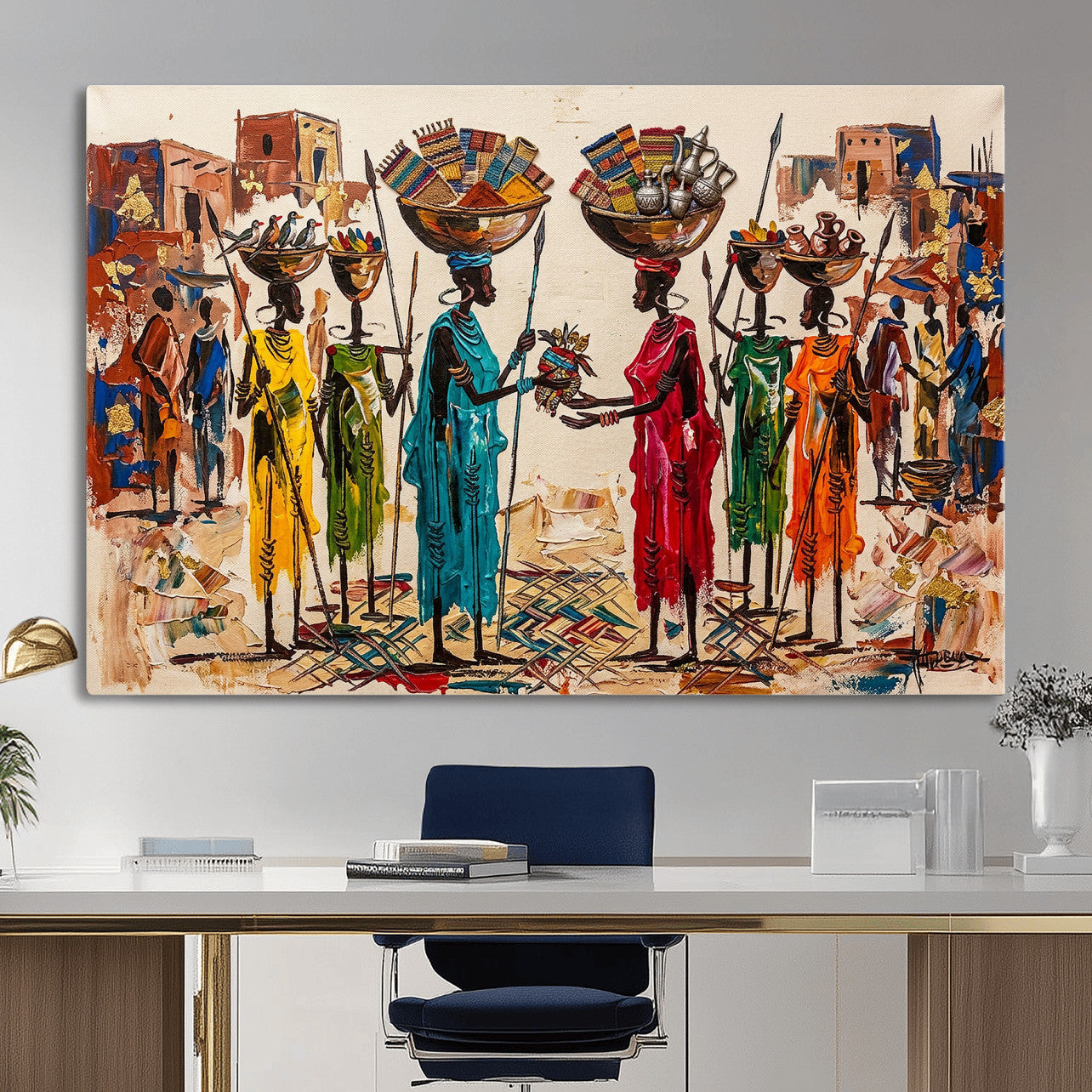 54818657-MGV-CV-36X24 - African Folk Art Canvas Wall Art, Colorful African Women Village Painting Print, Tribal Ethnic Home Decor, Vibrant African Art, Living Room