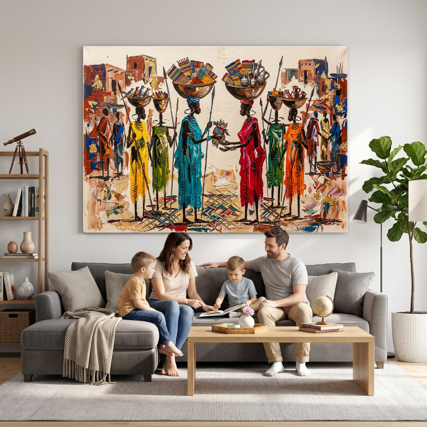 54818657-MGV-CV-36X24 - African Folk Art Canvas Wall Art, Colorful African Women Village Painting Print, Tribal Ethnic Home Decor, Vibrant African Art, Living Room