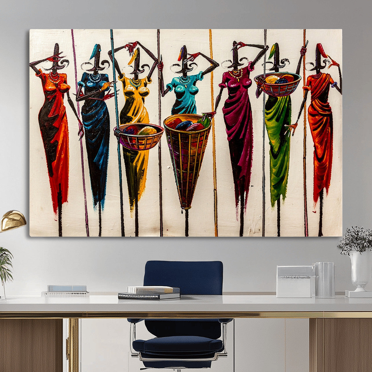 53545627-MGV-CV-36X24 - African Folk Art Canvas Wall Art, Colorful African Women Village Painting Print, Tribal Ethnic Home Decor, Vibrant African Art, Living Room