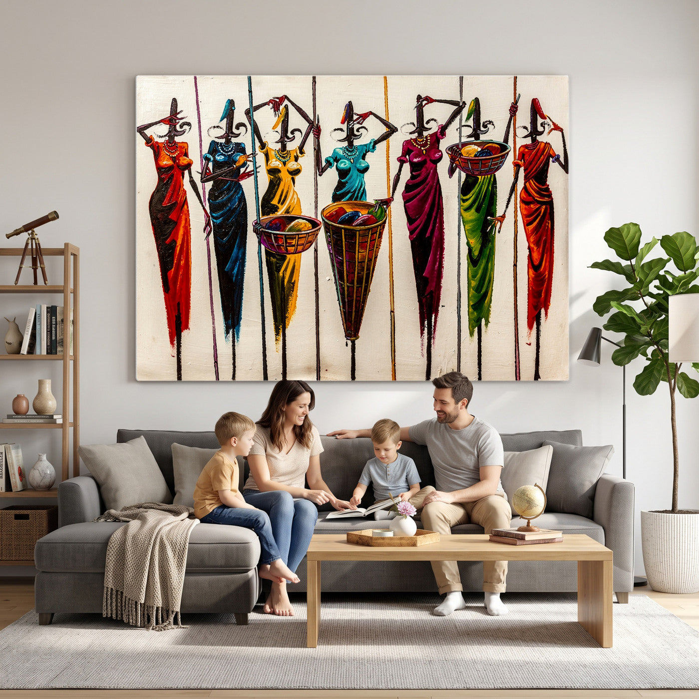 53545627-MGV-CV-36X24 - African Folk Art Canvas Wall Art, Colorful African Women Village Painting Print, Tribal Ethnic Home Decor, Vibrant African Art, Living Room