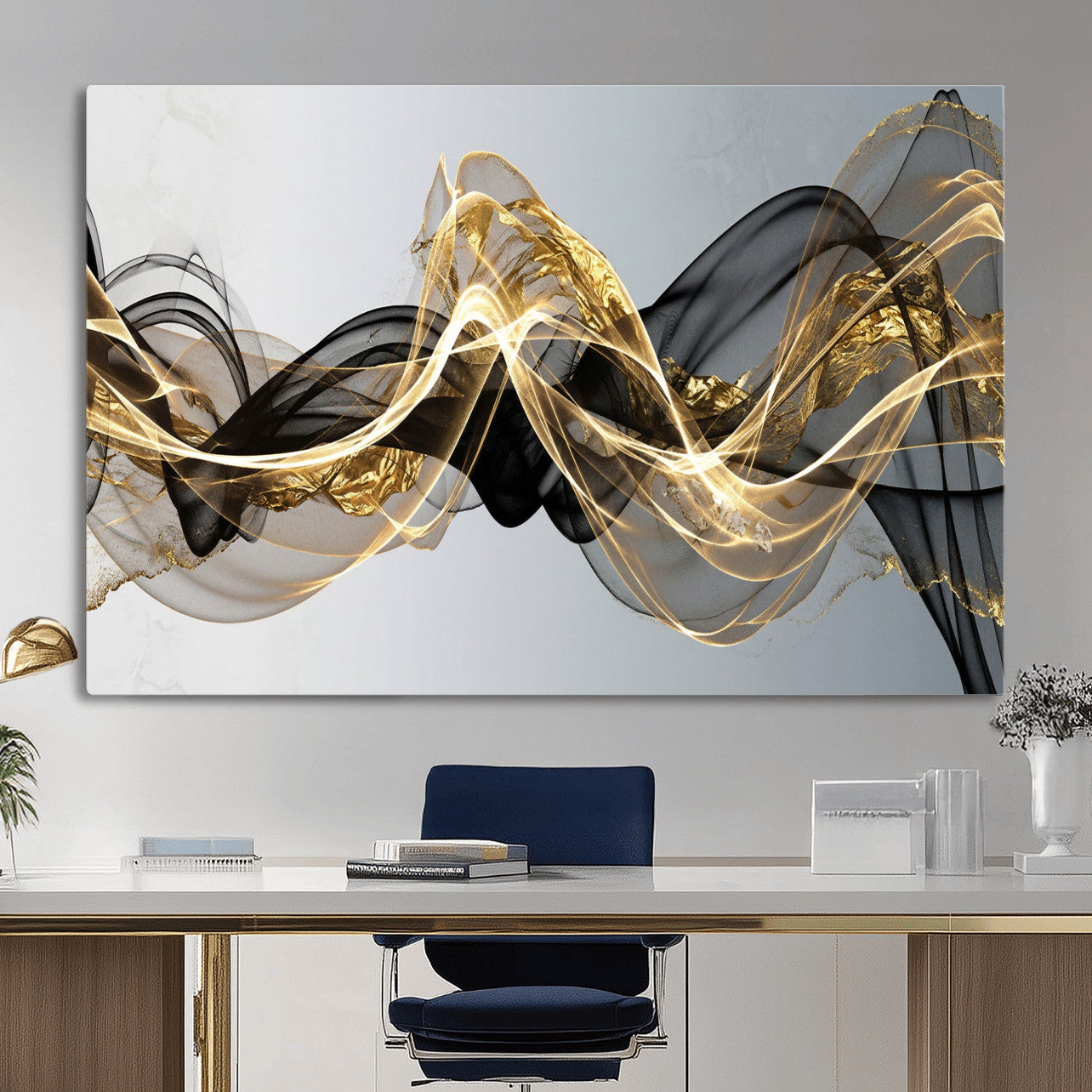 79483321DL-MGV-CV-36X24 - Black and Gold Abstract Wall Art, Modern Wave Canvas Print, Elegant Flowing Smoke Art, Luxury Living Room Decor