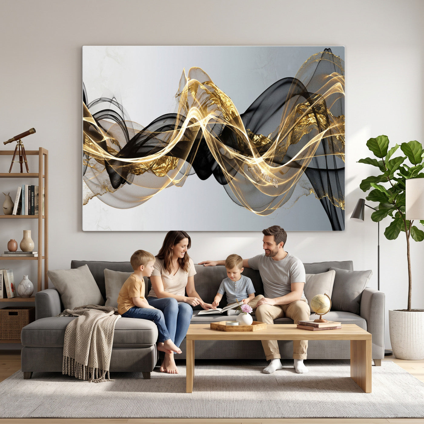 79483321DL-MGV-CV-36X24 - Black and Gold Abstract Wall Art, Modern Wave Canvas Print, Elegant Flowing Smoke Art, Luxury Living Room Decor