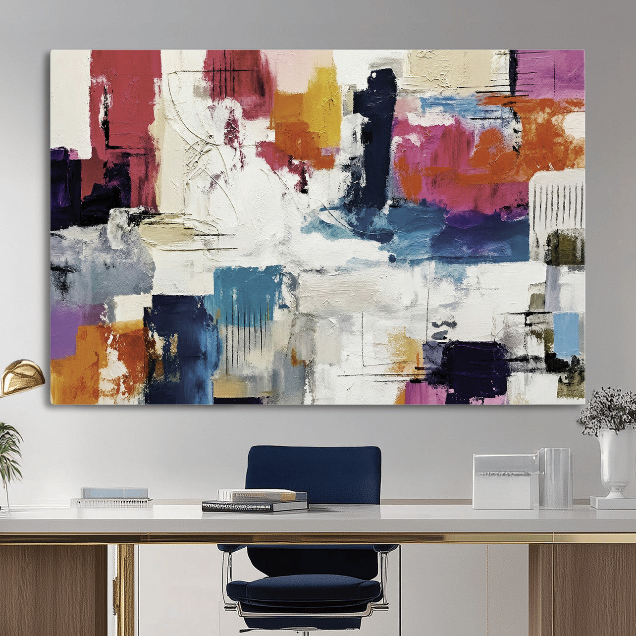 57864023-MGV-CV-36X24 - Blue Teal Abstract Canvas Wall Art, Modern Textured Painting Print, Navy Orange White Contemporary Art, Neutral Living Room Decor, Office Art