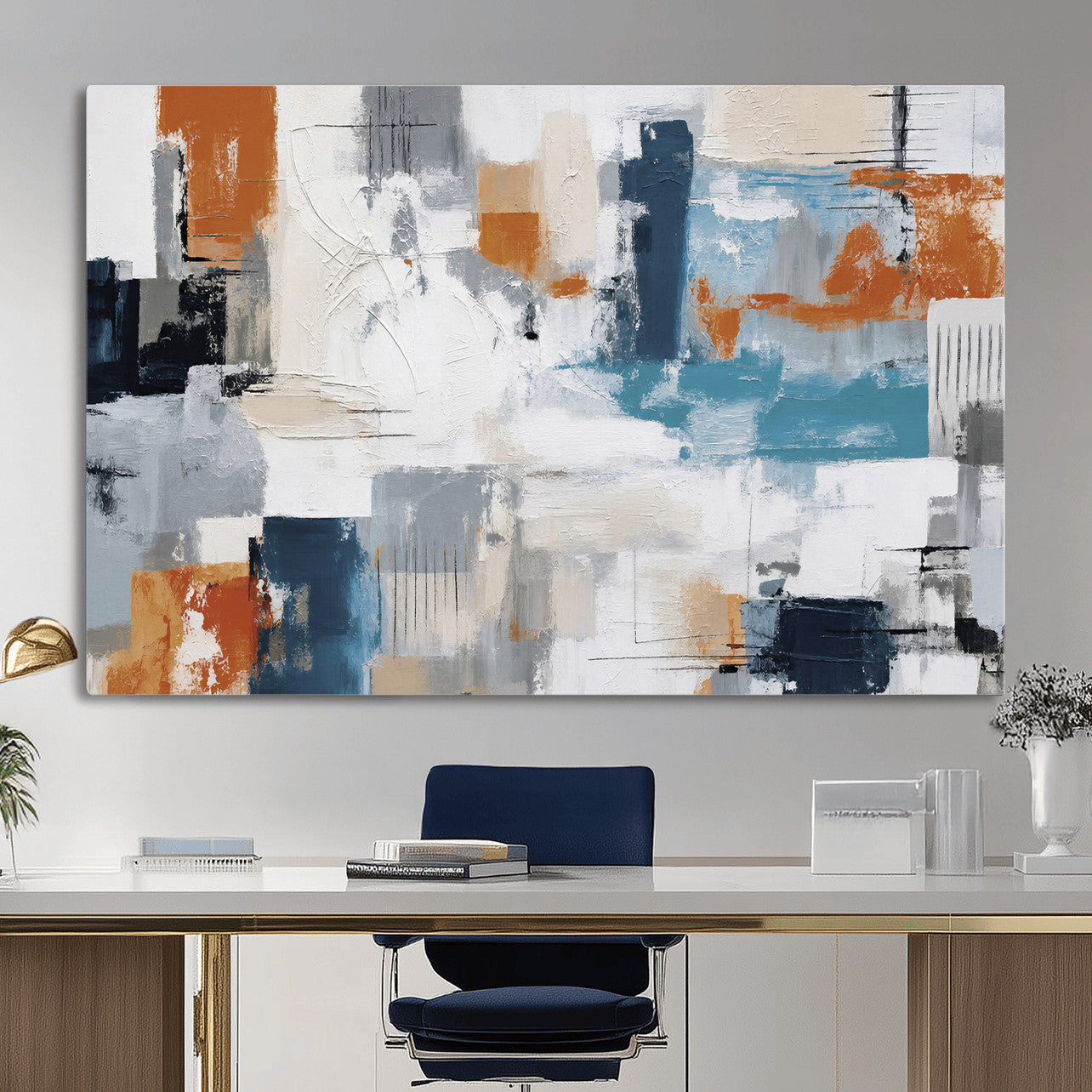 44950303-MGV-CV-36X24 - Blue Teal Abstract Canvas Wall Art, Modern Textured Painting Print, Navy Orange White Contemporary Art, Neutral Living Room Decor, Office Art