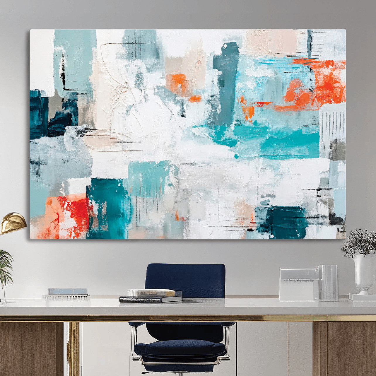 98638479-MGV-CV-36X24 - Blue Teal Abstract Canvas Wall Art | Modern Textured Painting Print, Navy Orange White Contemporary Art, Neutral Living Room Decor, Office Art