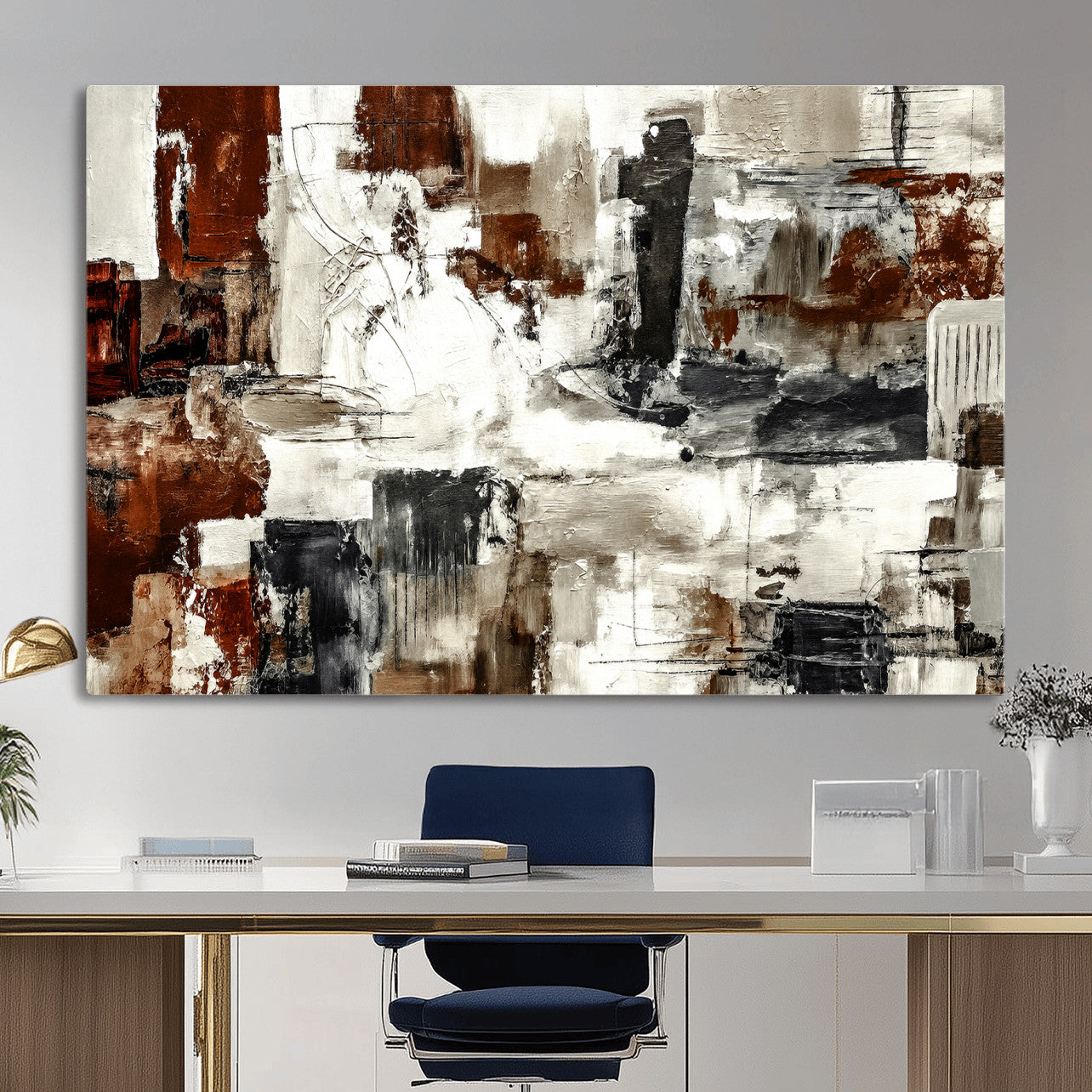 53022468-MGV-CV-36X24 - Blue Teal Abstract Canvas Wall Art, Modern Textured Painting Print, Navy Orange White Contemporary Art, Neutral Living Room Decor, Office Art