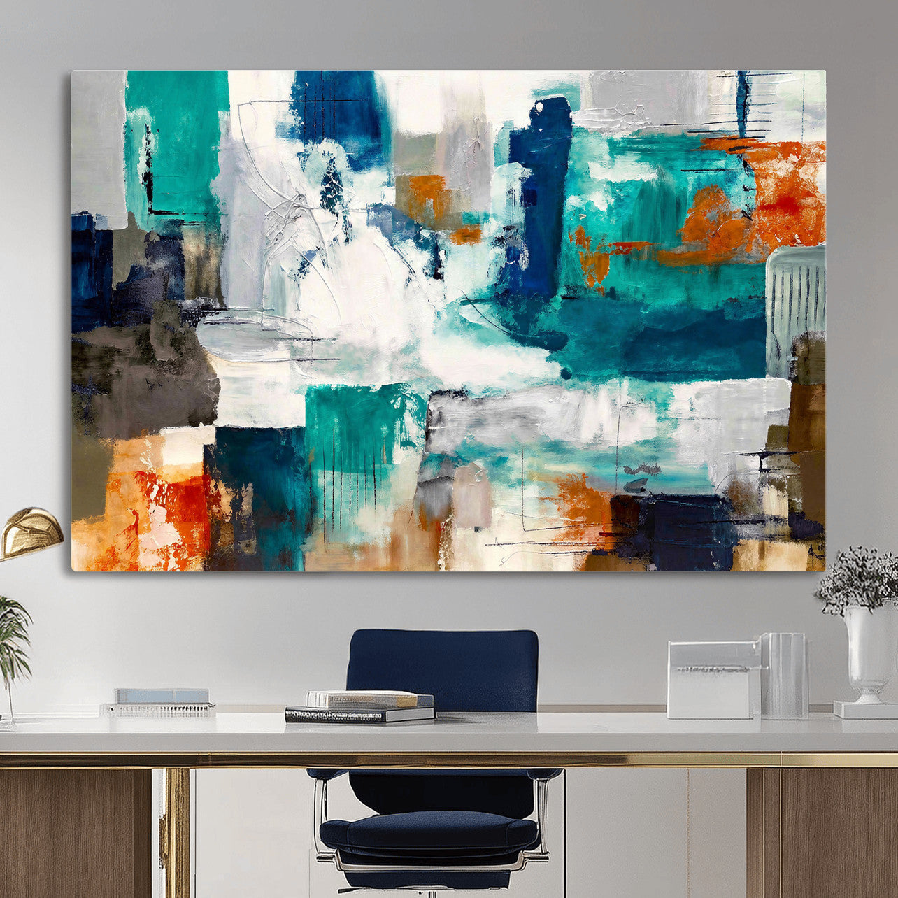 44038089-MGV-CV-36X24 - Blue Teal Abstract Canvas Wall Art, Modern Textured Painting Print, Navy Orange White Contemporary Art, Neutral Living Room Decor, Office Art