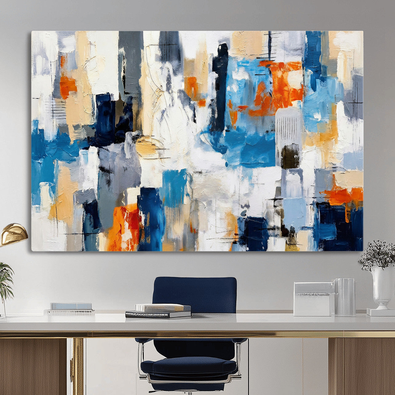 83915061-MGV-CV-36X24 - Blue Teal Abstract Canvas Wall Art, Modern Textured Painting Print, Navy Orange White Contemporary Art, Neutral Living Room Decor, Office Art