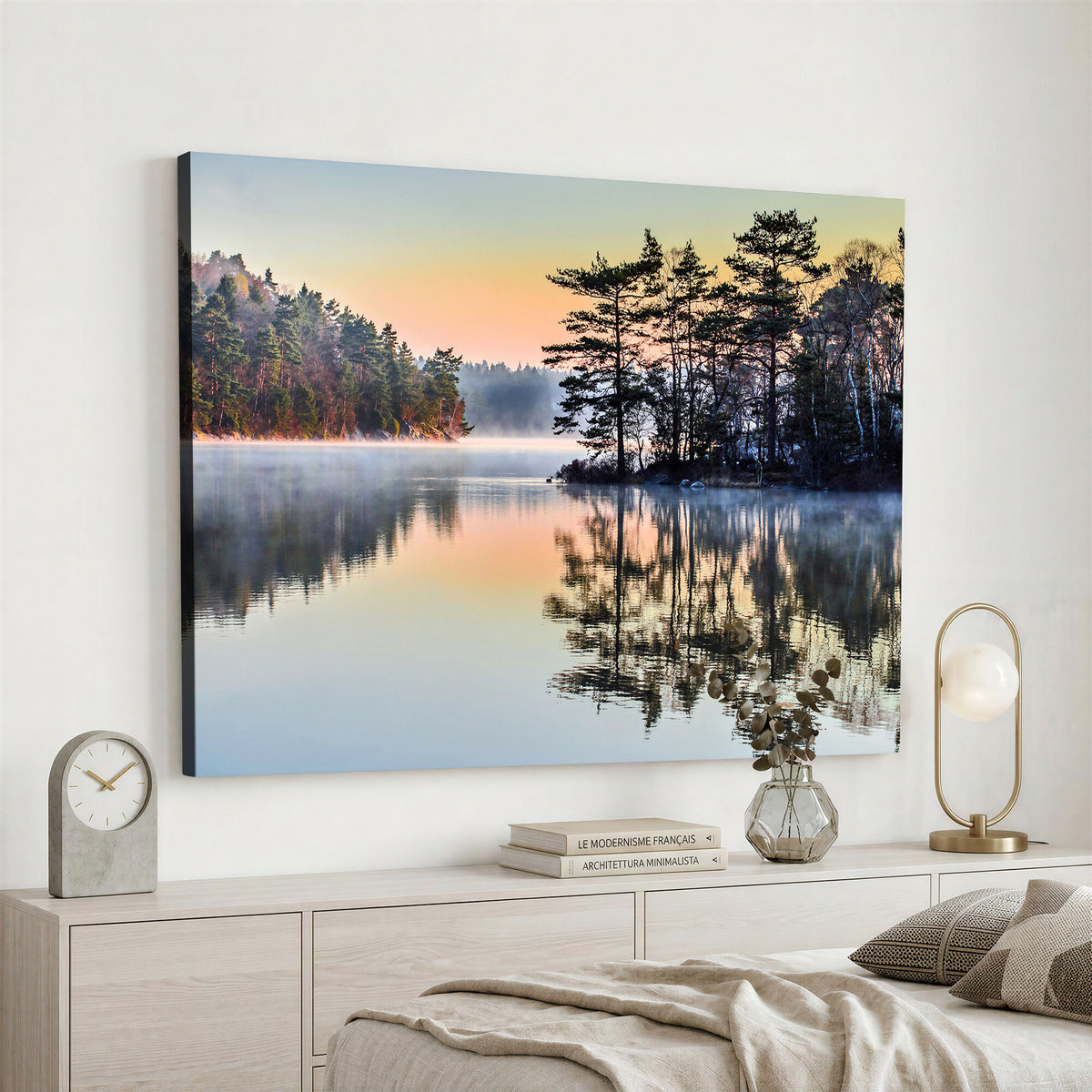 34236027-MGV-CV-36X24 - Before People Wake Canvas Wall Art Print, Misty Lake Sunrise Landscape, Forest Reflection Nature Decor, Ready to Hang