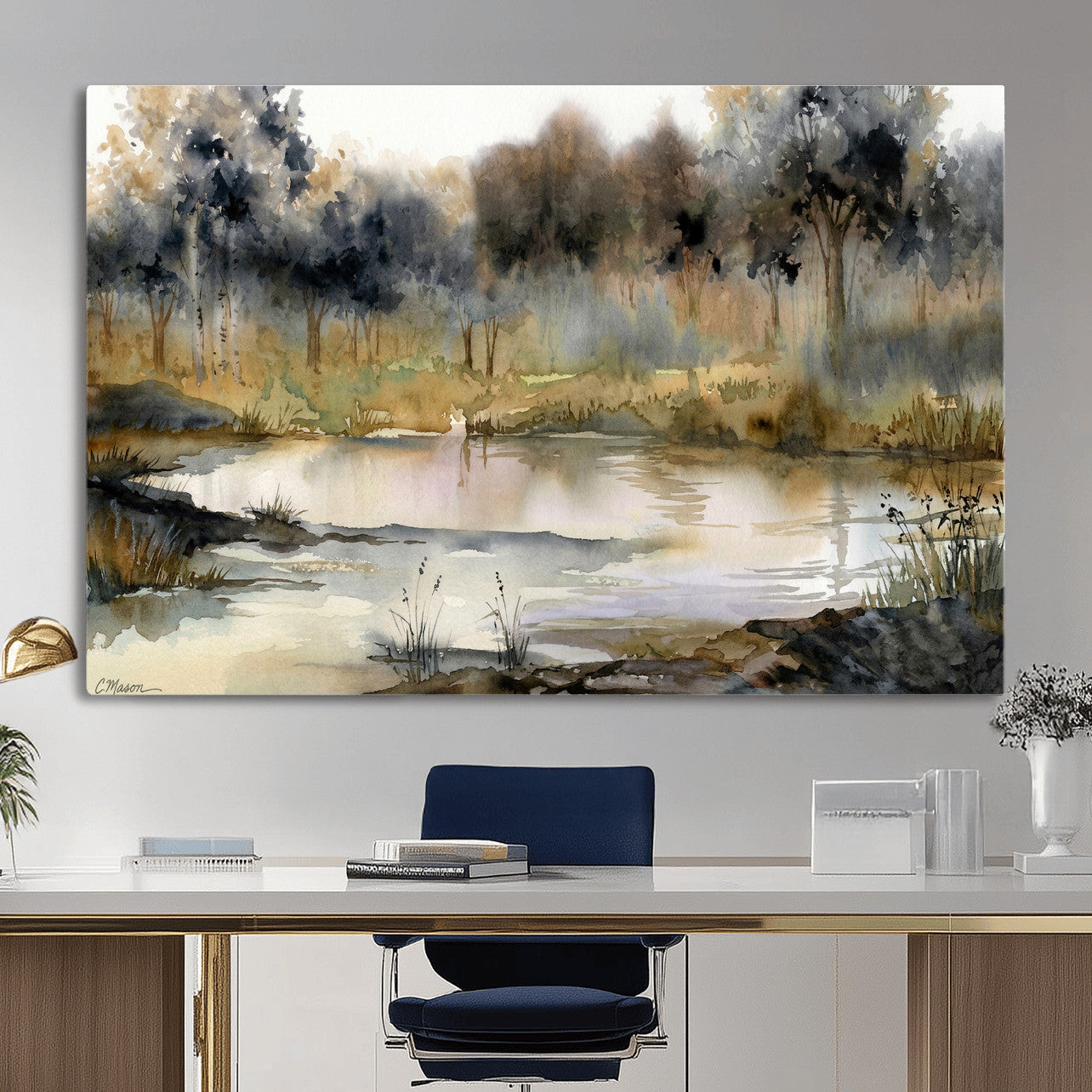 27383609-MGV-CV-36X24 - Abstract WatercolorAutumn Lake Canvas Wall Art Print, Misty Forest Landscape, Rustic Nature Painting, Cabin Wall Decor, Ready to Hang
