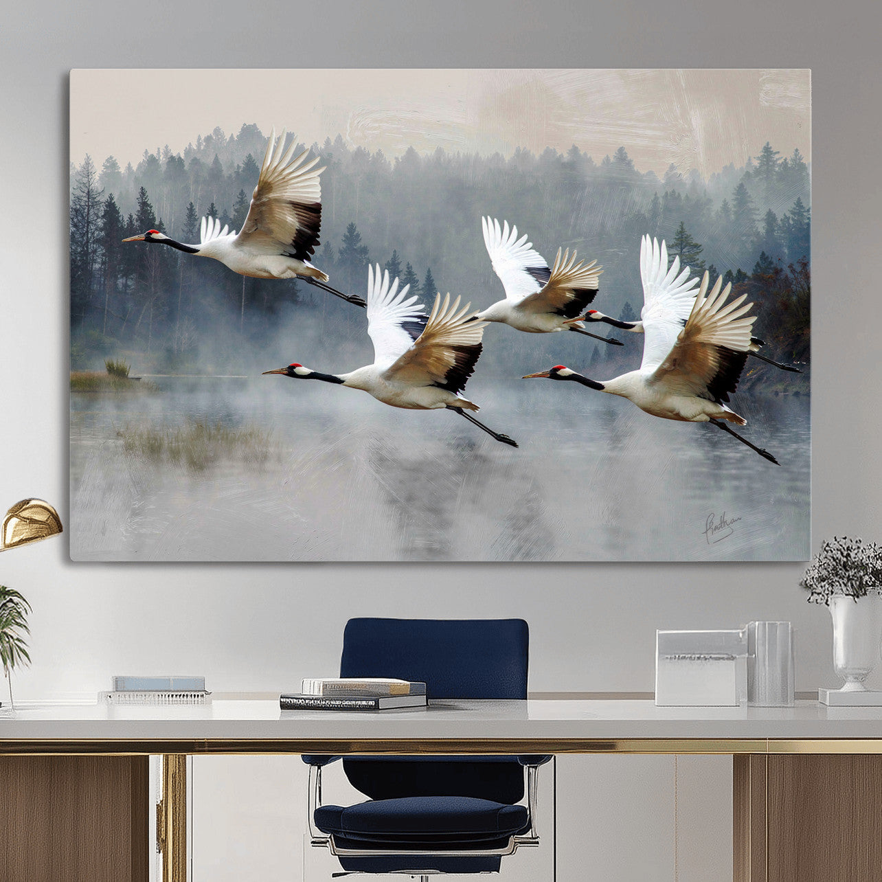 24356826-MGV-CV-36X24 - Flying Crane Canvas Wall Art Print, White Crane Bird Artwork, Wildlife Nature Decor, Lake Landscape Canvas - Ready to Hang