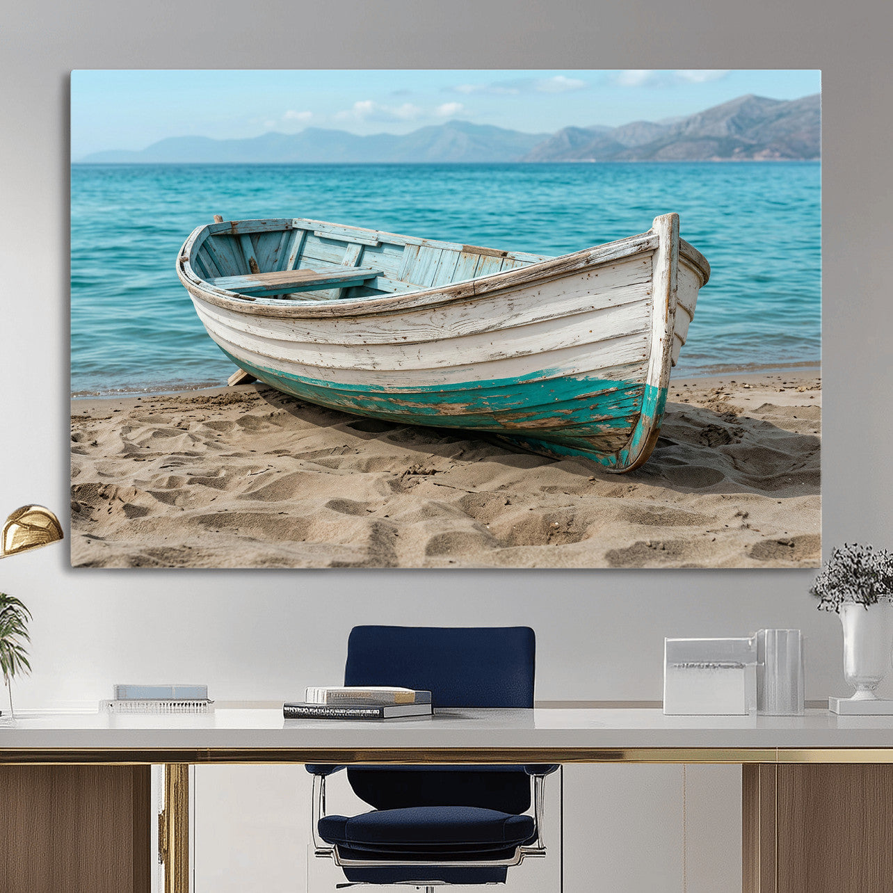 49963709-MGV-CV-36X24 - Coastal Boat Canvas Wall Art Print, Beach Boat Painting, Nautical Ocean Decor, Seascape Wall Art - Ready to Hang