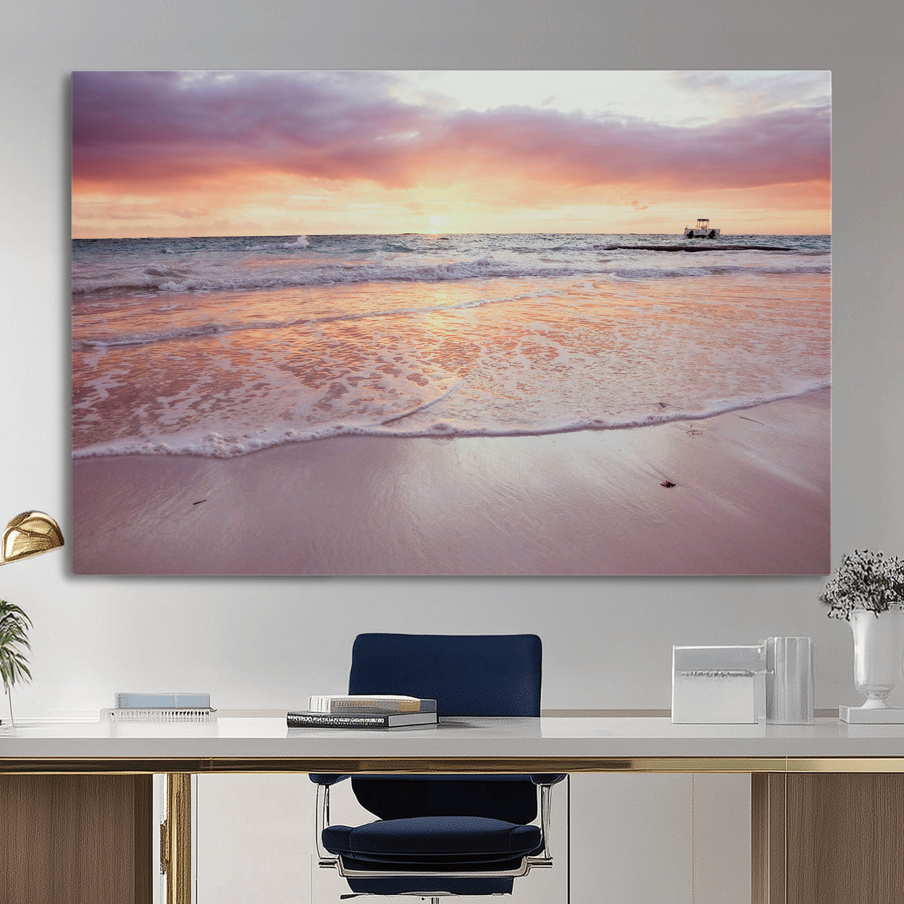 44765395-MGV-CV-36X24 - Beach Sunset Canvas Wall Art Print - Ocean Waves Landscape, Coastal Photography, Seascape Wall Decor, Ready to Hang