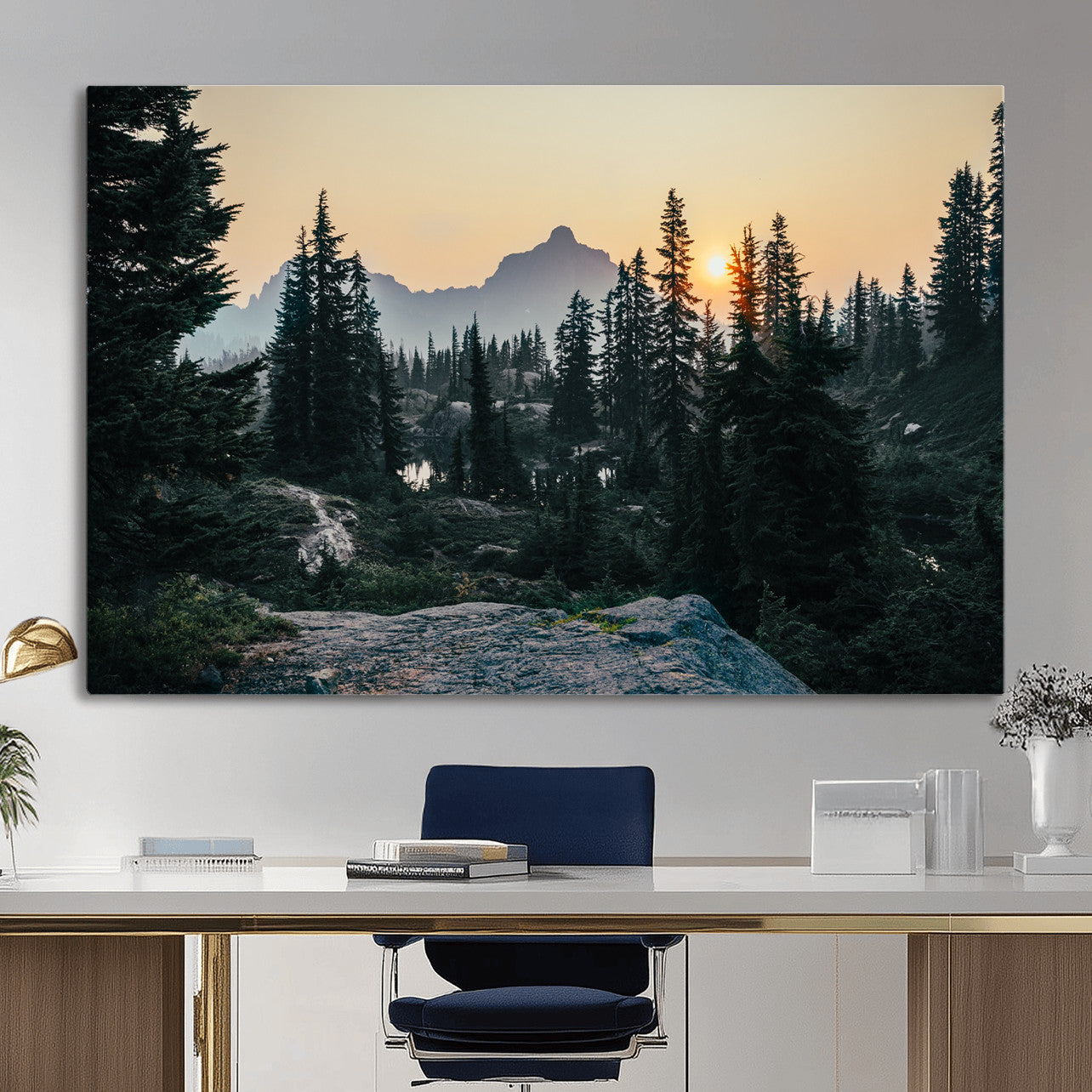 89996020-MGV-CV-36X24 - Mountain Forest Canvas Wall Art Print, Pine Tree Landscape, Sunset Nature Photography, Wilderness Wall Decor, Ready to Hang