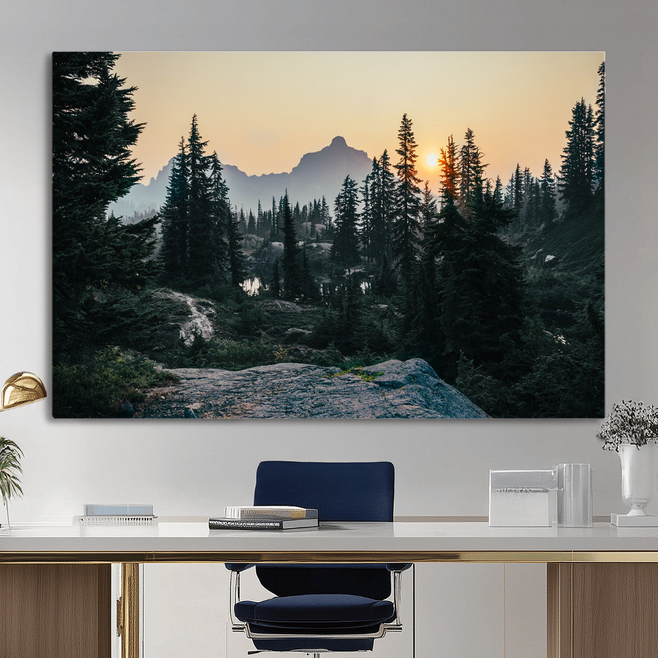 89996020-MGV-CV-36X24 - Mountain Forest Canvas Wall Art Print - Pine Tree Landscape, Sunset Nature Photography, Wilderness Wall Decor, Ready to Hang