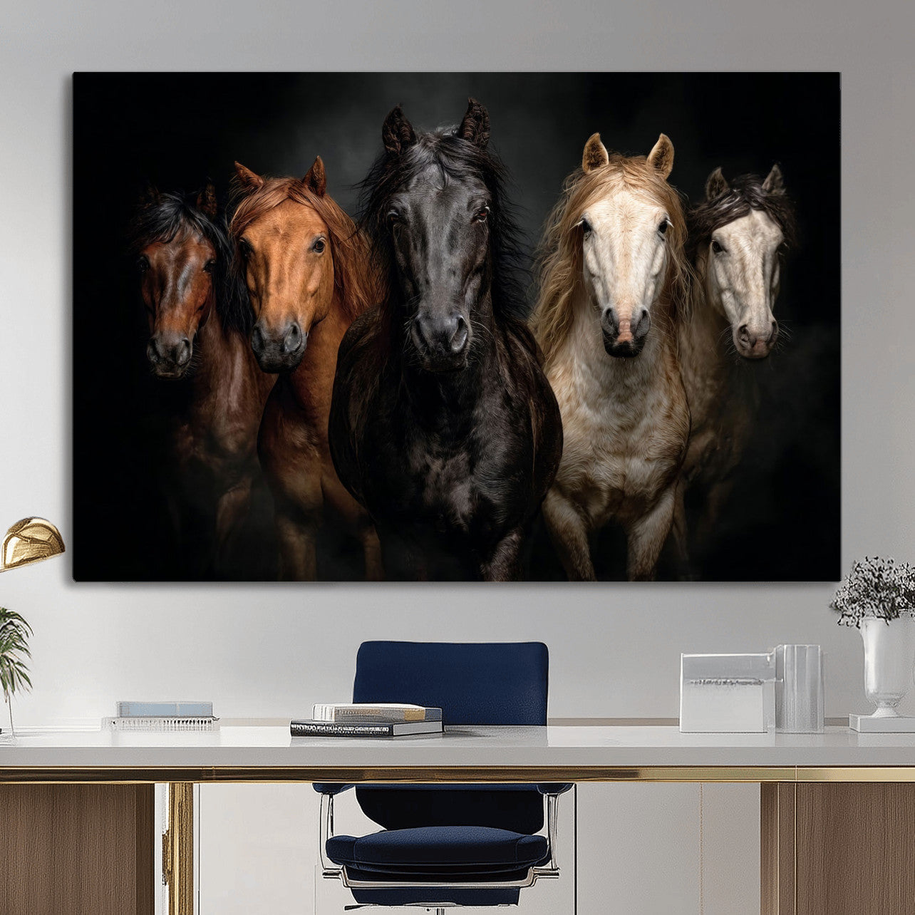 77696206-MGV-CV-36X24 - Horse Wall Art Canvas Print | Wild Horses Portrait Photography, Animal Horse Decor, Black Brown White Horse Herd