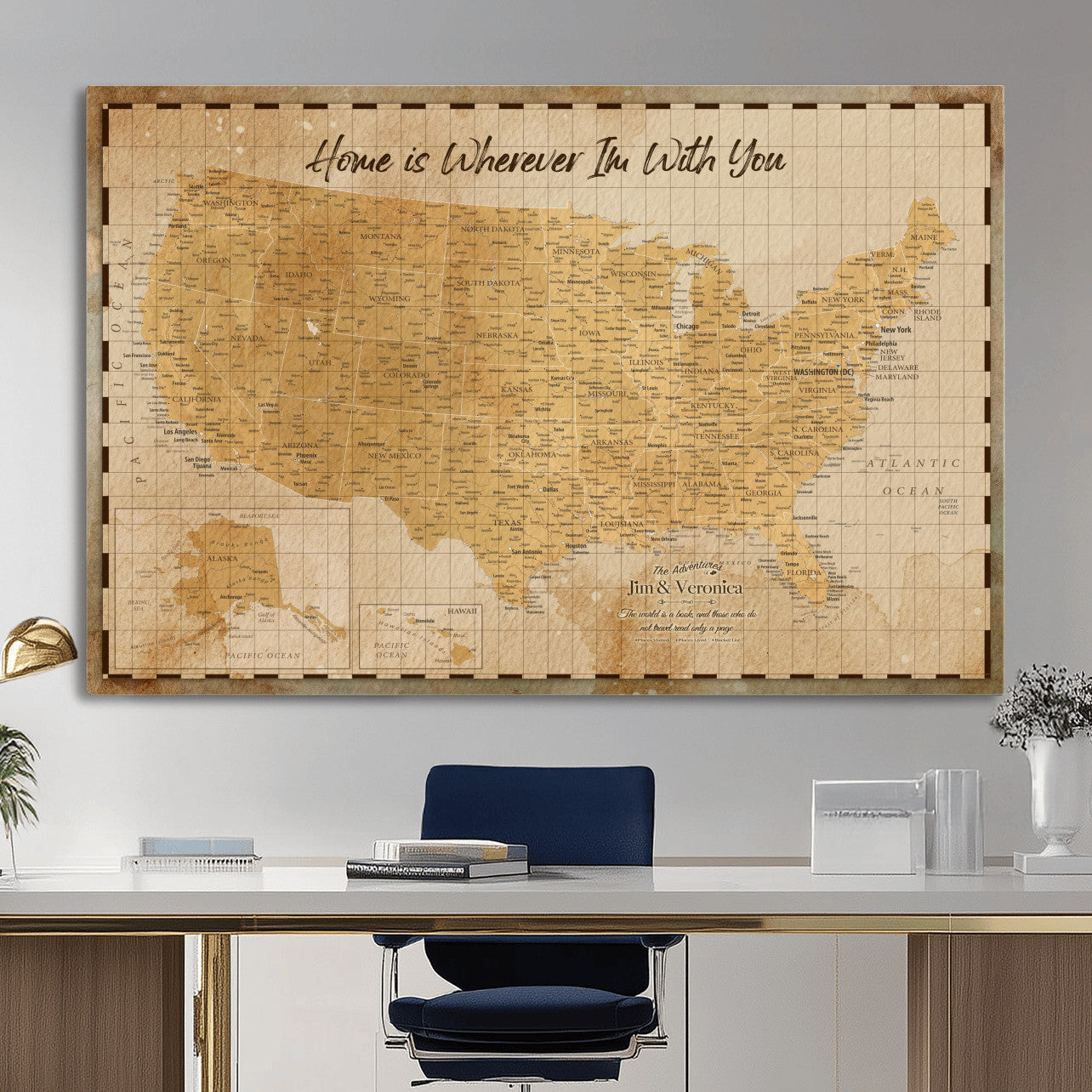 62164711-MGV-CV-36X24 - Personalized USA Push Pin Travel Map, Custom United States Map, Push Pin Map, USA Bucket List Map, Anniversary Gift, Couple Travel Map Wall Art