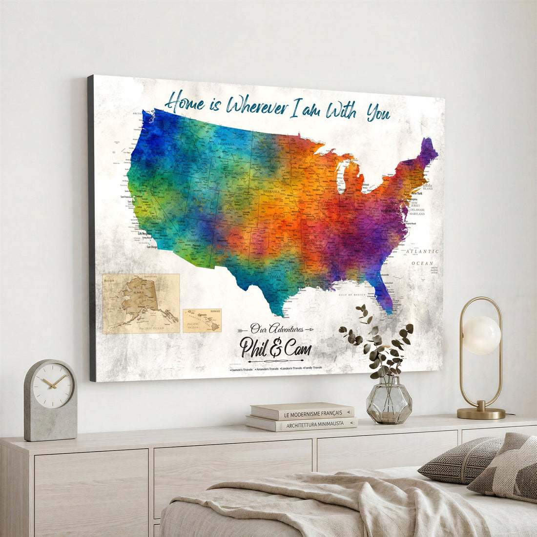 Personalized Watercolor Push Pin USA Map Canvas Print, 50 States Road Trip Tracker, Entryway and Hallway Decor