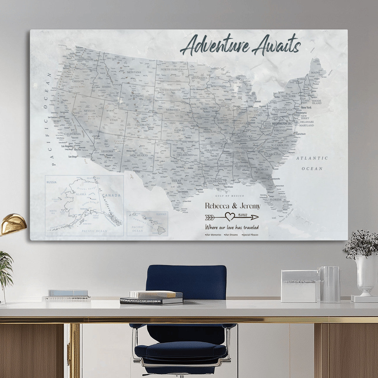 66120672-MGV-CV-36X24 - Personalized America Push Pin Travel Map Canvas Wall Art for Custom Family Gift