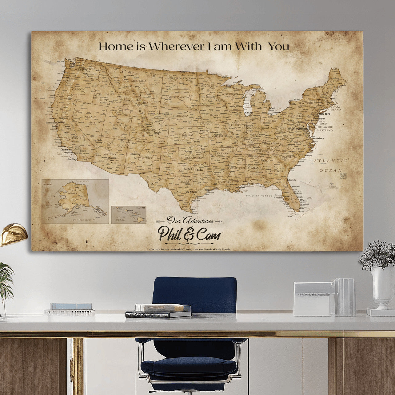 80624553-MGV-CV-36X24 - Personalized USA Push Pin Travel Map Canvas Wall Art Custom Family Gift