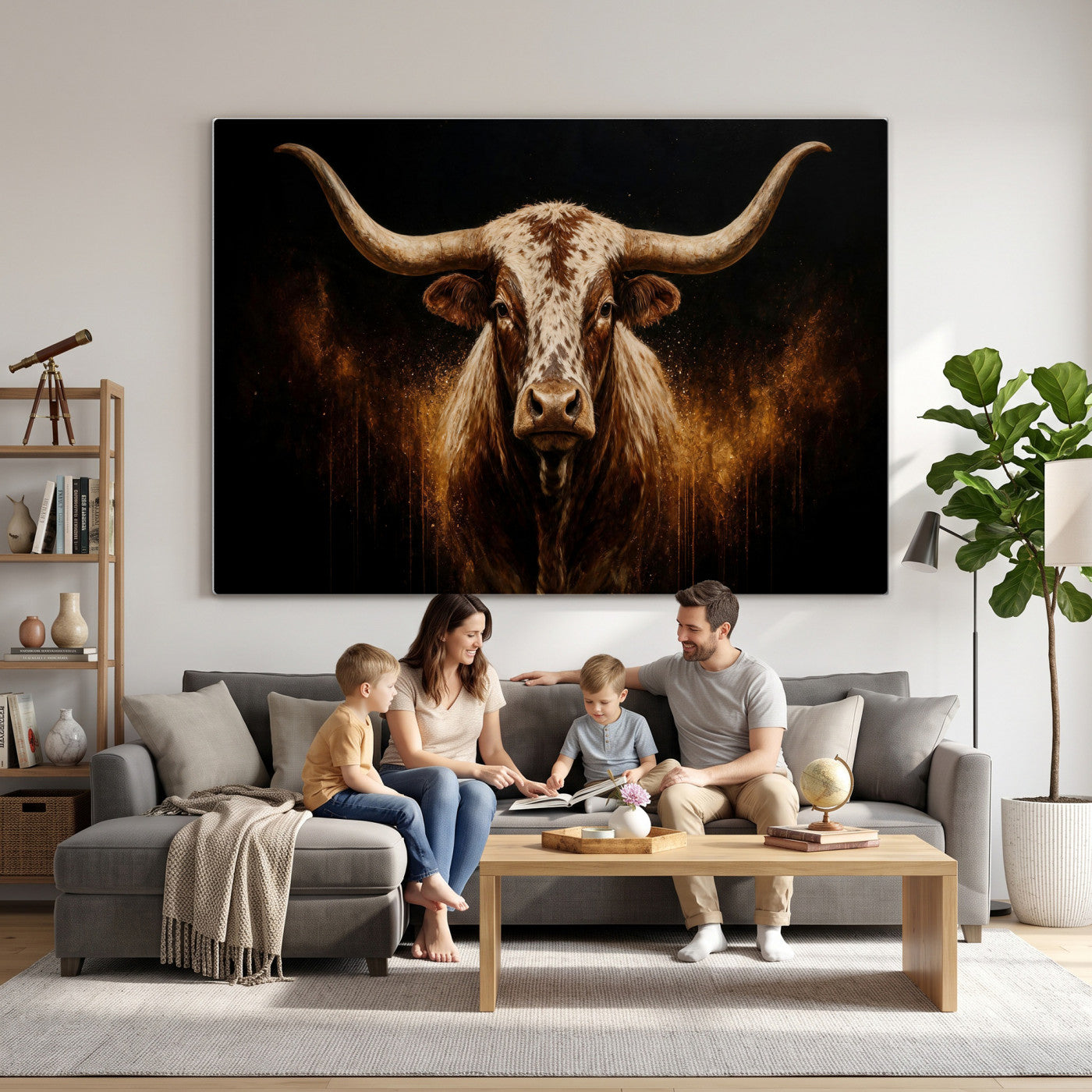 62076449-MGV-CV-36X24 - Texas Bull Cow Longhorn Canvas Wall Art Moody Western Bull Oil Painting Print