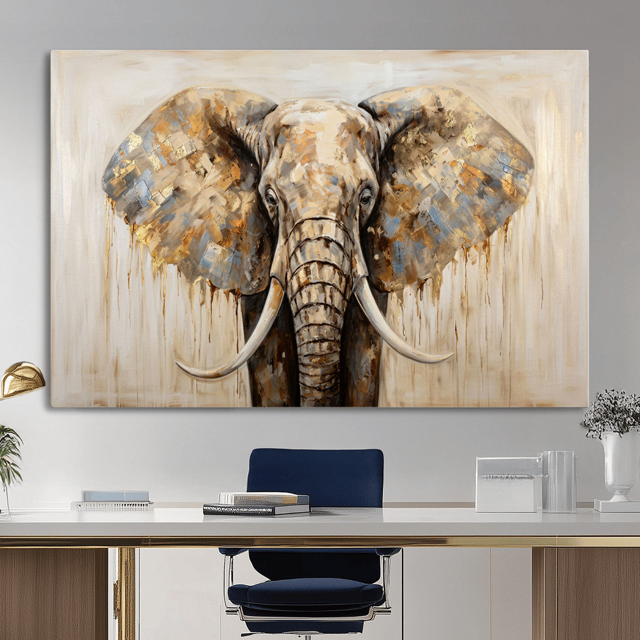 95819221-MGV-CV-36X24 - Gold Leaf Elephant Canvas Wall Art Abstract African Wildlife Painting Print