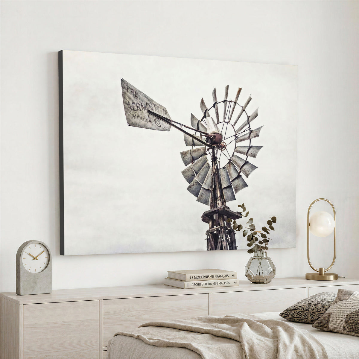 63200638-MGV-TP-30X20 - Vintage Rustic Farmhouse Windmill Canvas Wall Art - Western Country Landscape Print