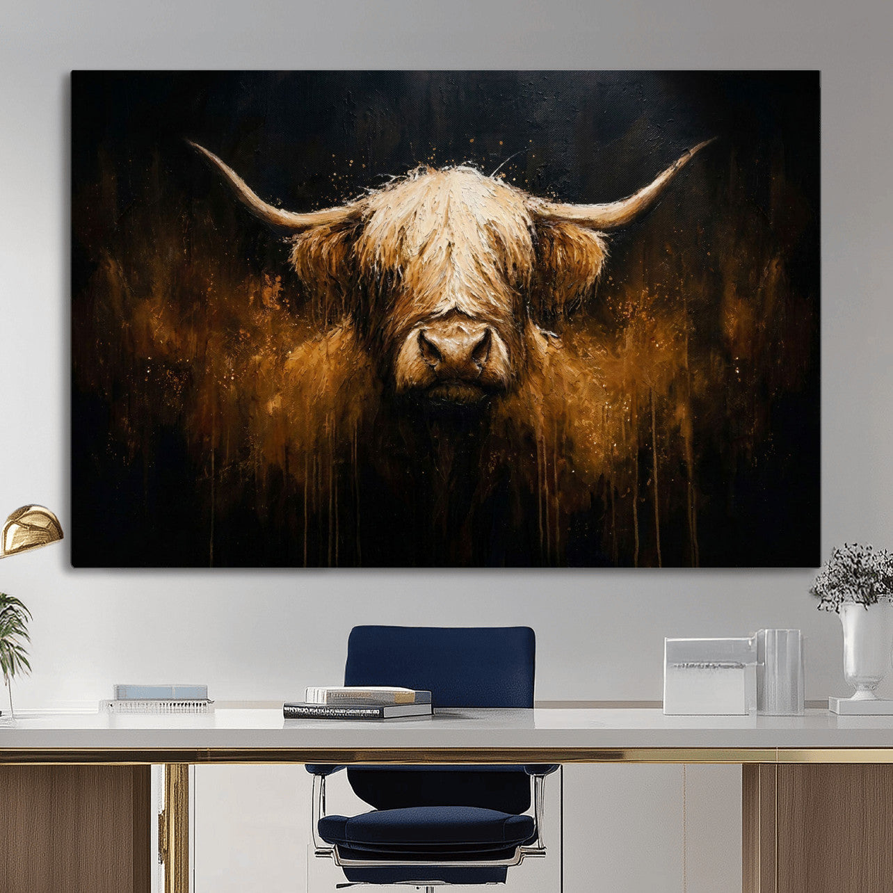 79873059-MGV-CV-36X24 - Rustic Highland Cow Canvas Print Dark Farmhouse Cattle Wall Decor