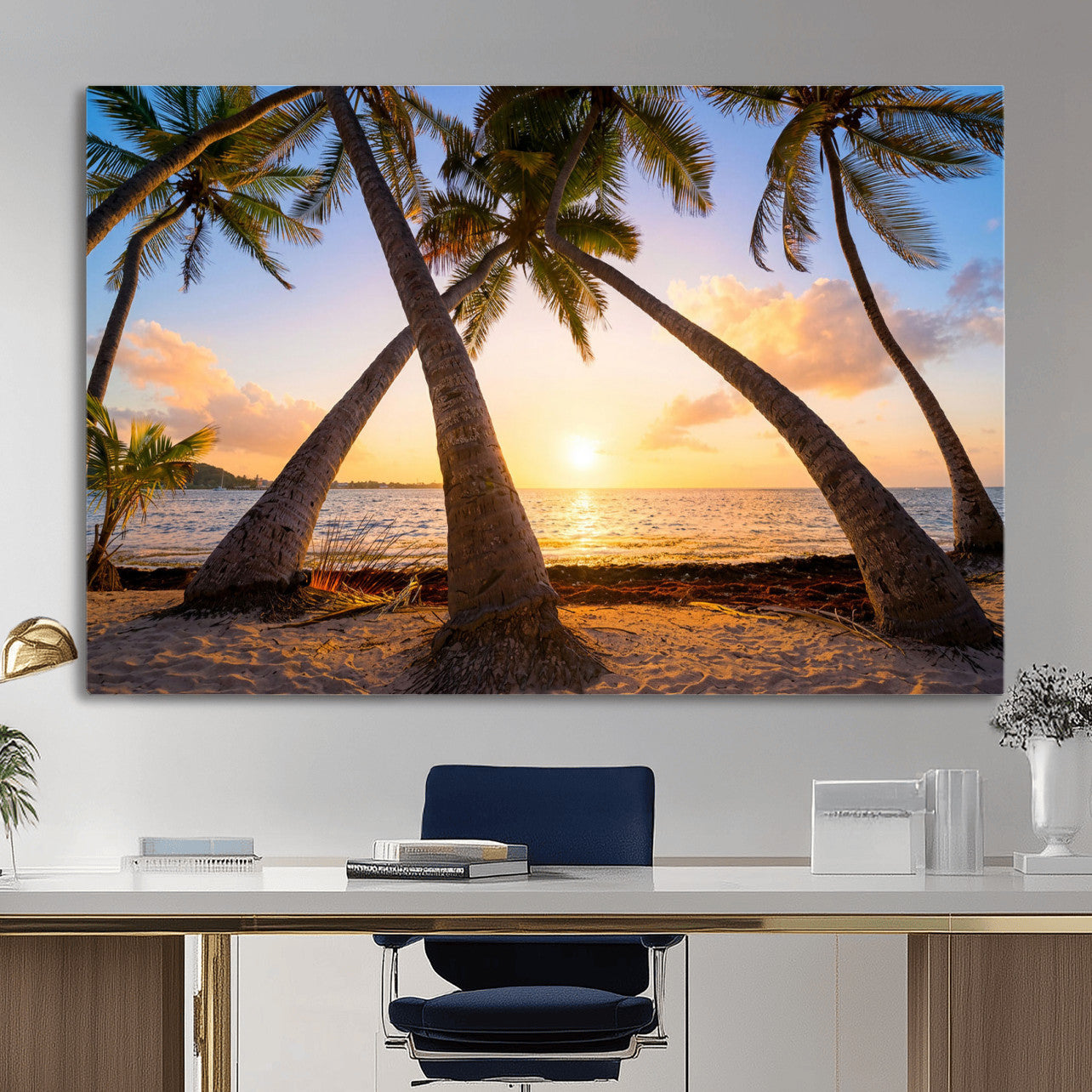 75123213-MGV-CV-36X24 - Tropical Island Coconut Palm Trees Sunset Wall Art Canvas Print - Turquoise Beach Print for Nautical Home Decor