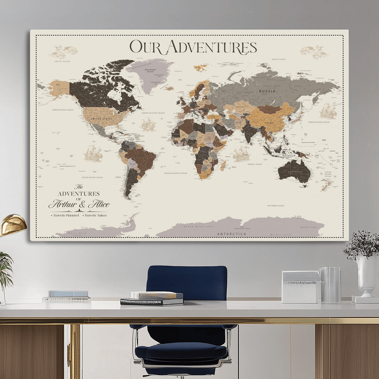 58777746A-MGV-CV-36X24 - Push Pin Customize World Map Wall Art Canvas Print, Modern Decorative Framed Map Artwork Prints for Living Room, Office, Bedroom Wall Decor