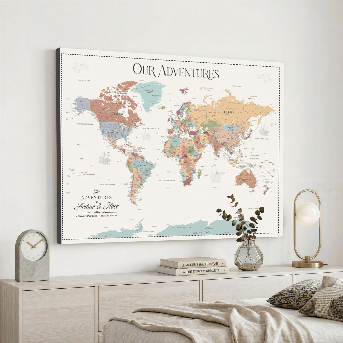 NEWMAP-4-MGV-CV-36X24 - Custom World Travel Map Wall Art with Pins, Places Visited Tracker, Family Room and Bedroom Decor