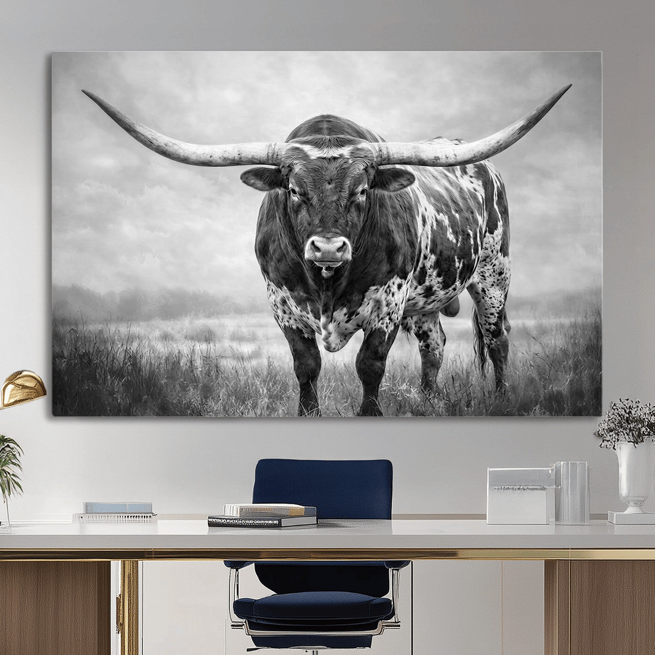 11121585-MGV-CV-36X24 - Texas Bull Wall Art Canvas Print for Farmhouse Restaurant Wall Decor