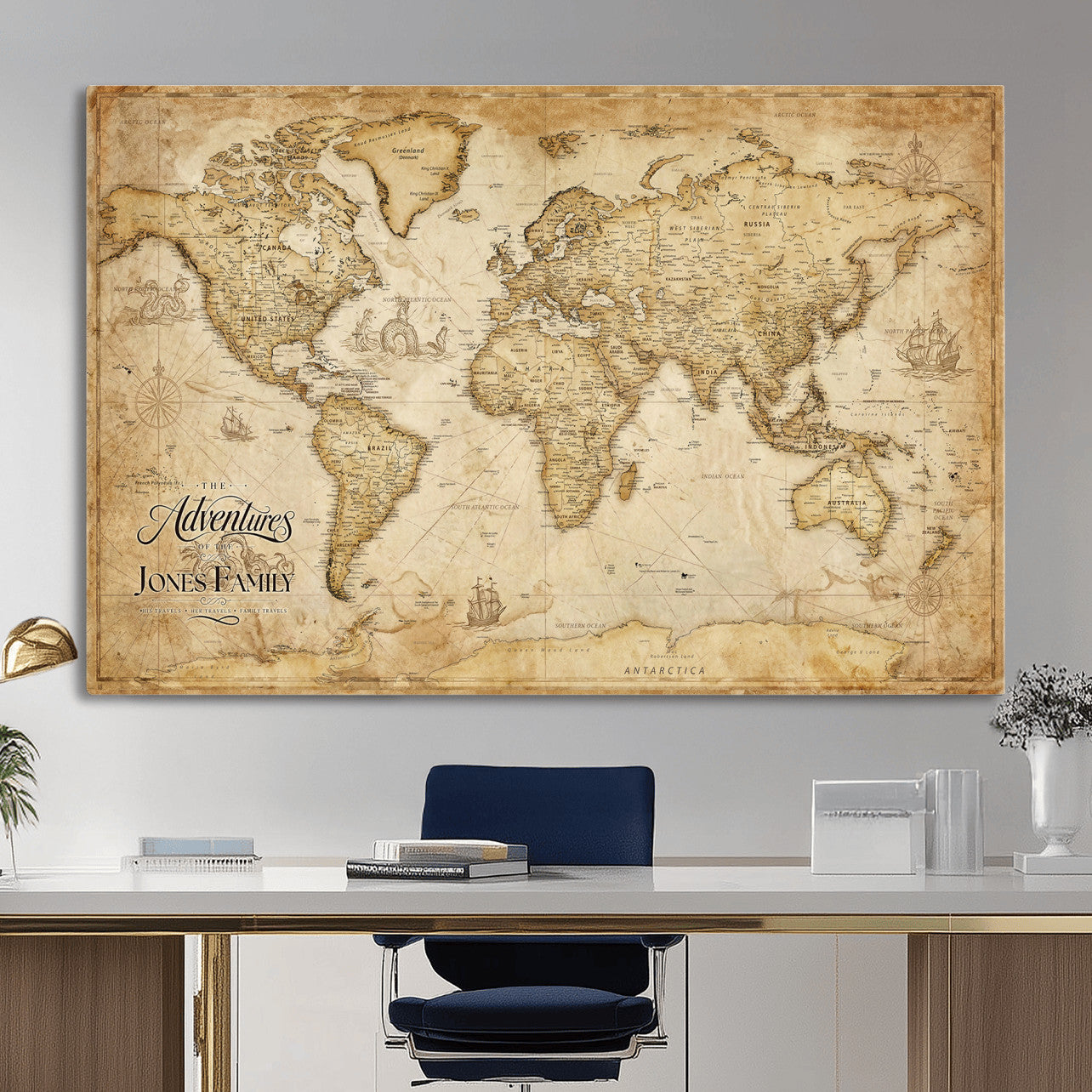 60956619-MGV-CV-36X24 - Custom Push Pin World Map Canvas Print – Personalized Travel Map Wall Art