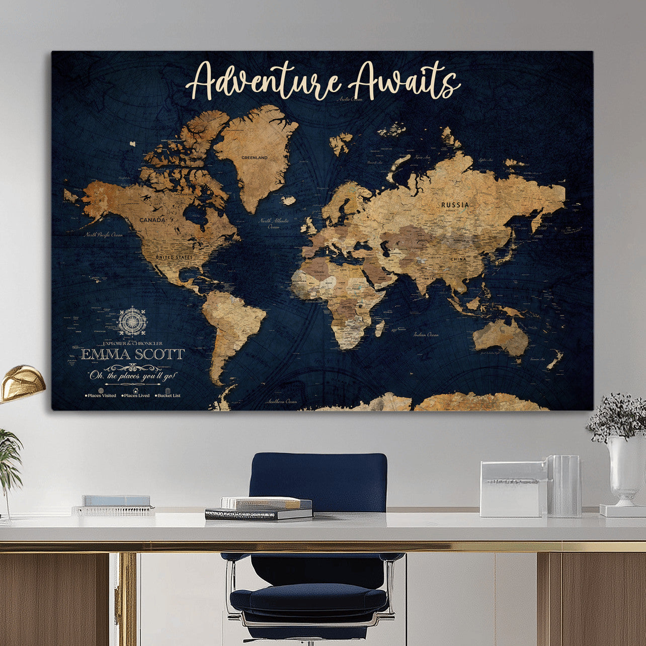 44399597-MGV-CV-36X24 - Custom Push Pin World Map Canvas Print – Personalized Travel Map Wall Art