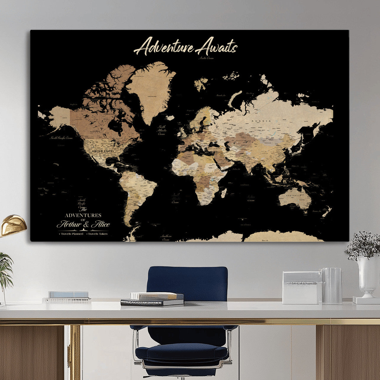 88415067-MGV-CV-36X24 - Custom Push Pin World Map Canvas Print – Personalized Travel Map Wall Art