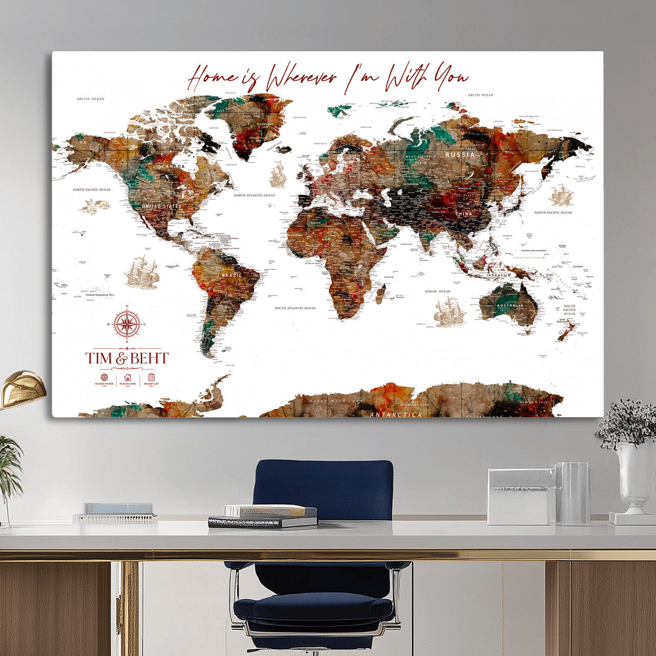116MESUT-MGV-CV-36X24 - Custom Push Pin World Map Canvas Print – Personalized Travel Map Wall Art