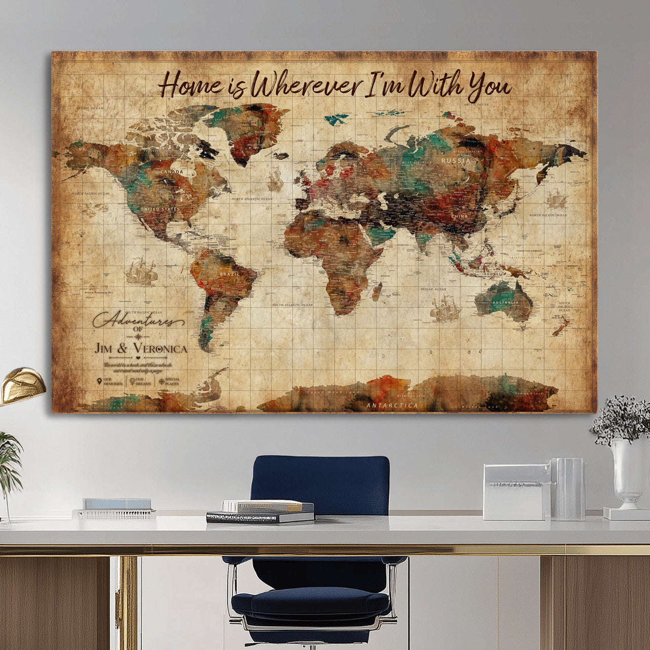 48389322-MGV-CV-36X24 - Custom Push Pin World Map Canvas Print – Personalized Travel Map Wall Art