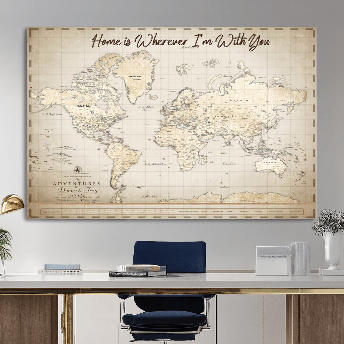 Custom Beige Push Pin Travel Map Canvas Print, Bucket List Map, Dining Room and Hallway Decor