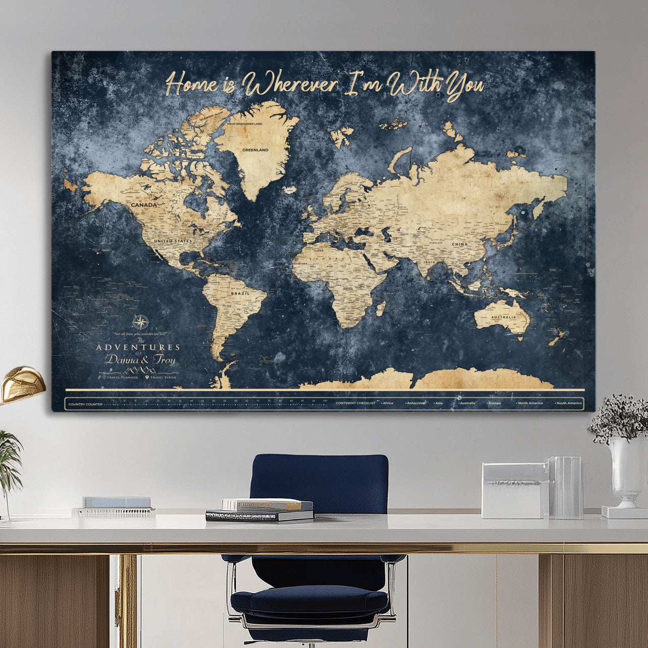 400867BL-MGV-CV-36X24 - Framed Blue Custom Push Pin World Map Canvas Print – Personalized Travel Map Wall Art
