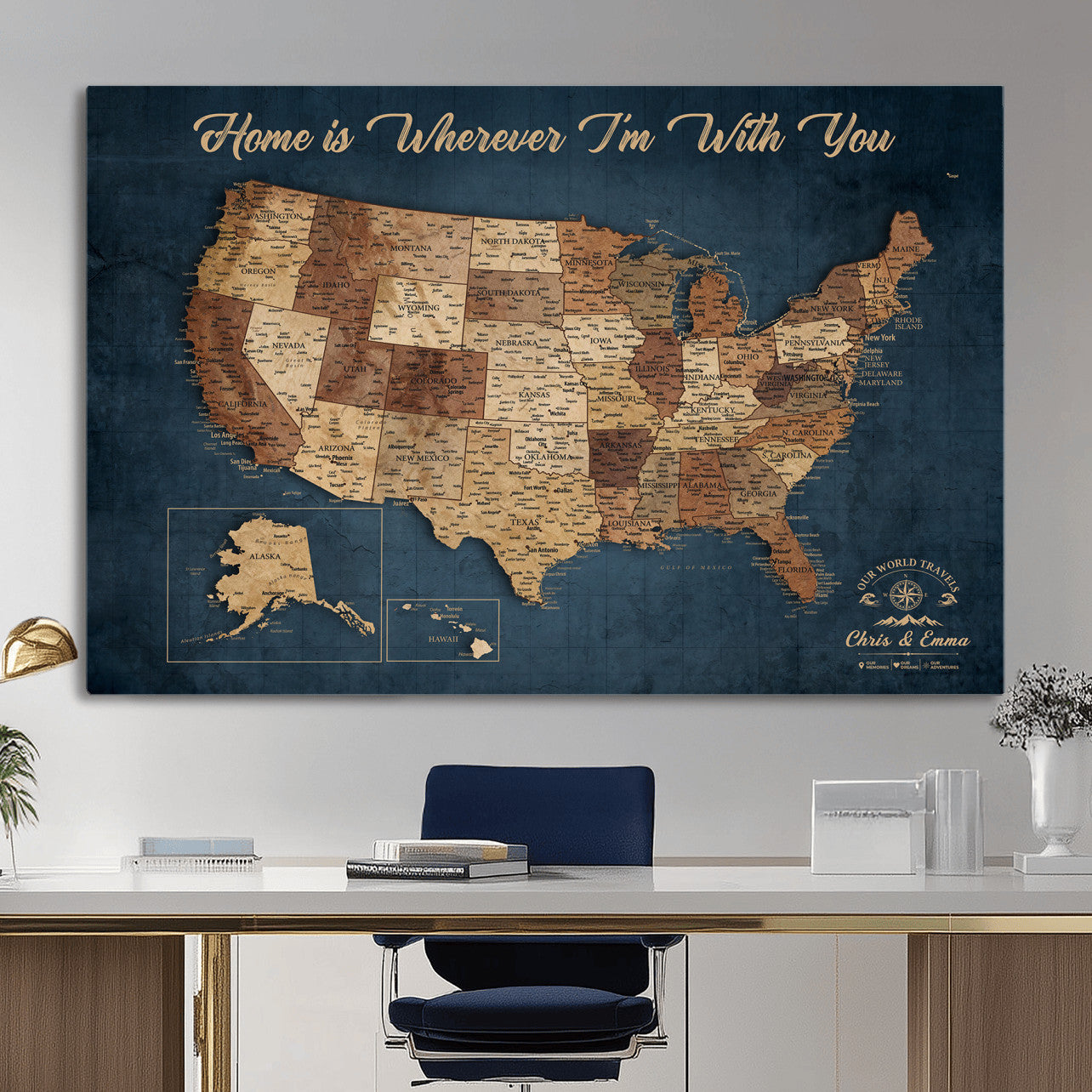 87620242N-MGV-CV-36X24 - Personalized USA Push Pin Travel Map Wall Art Canvas Print | Custom United States Map, Push Pin Map - USA Bucket List Map