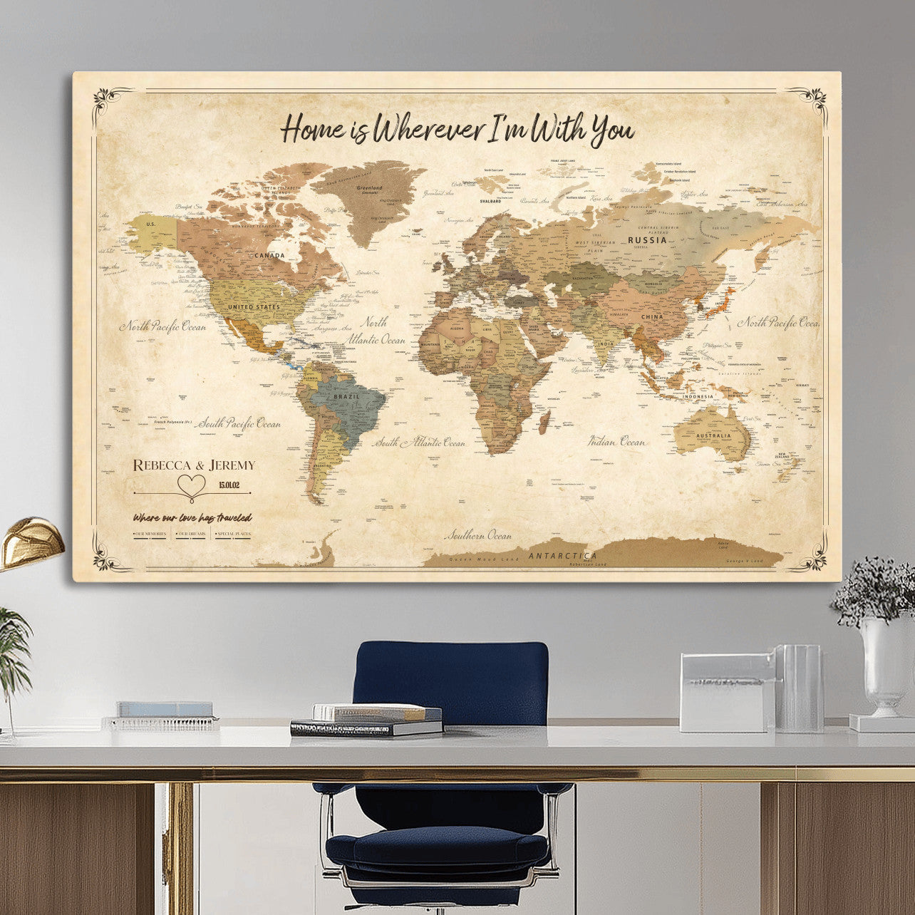 40086165-MGV-CV-36X24 - Framed Vintage Custom Push Pin World Map Canvas Print – Personalized Travel Map Wall Art