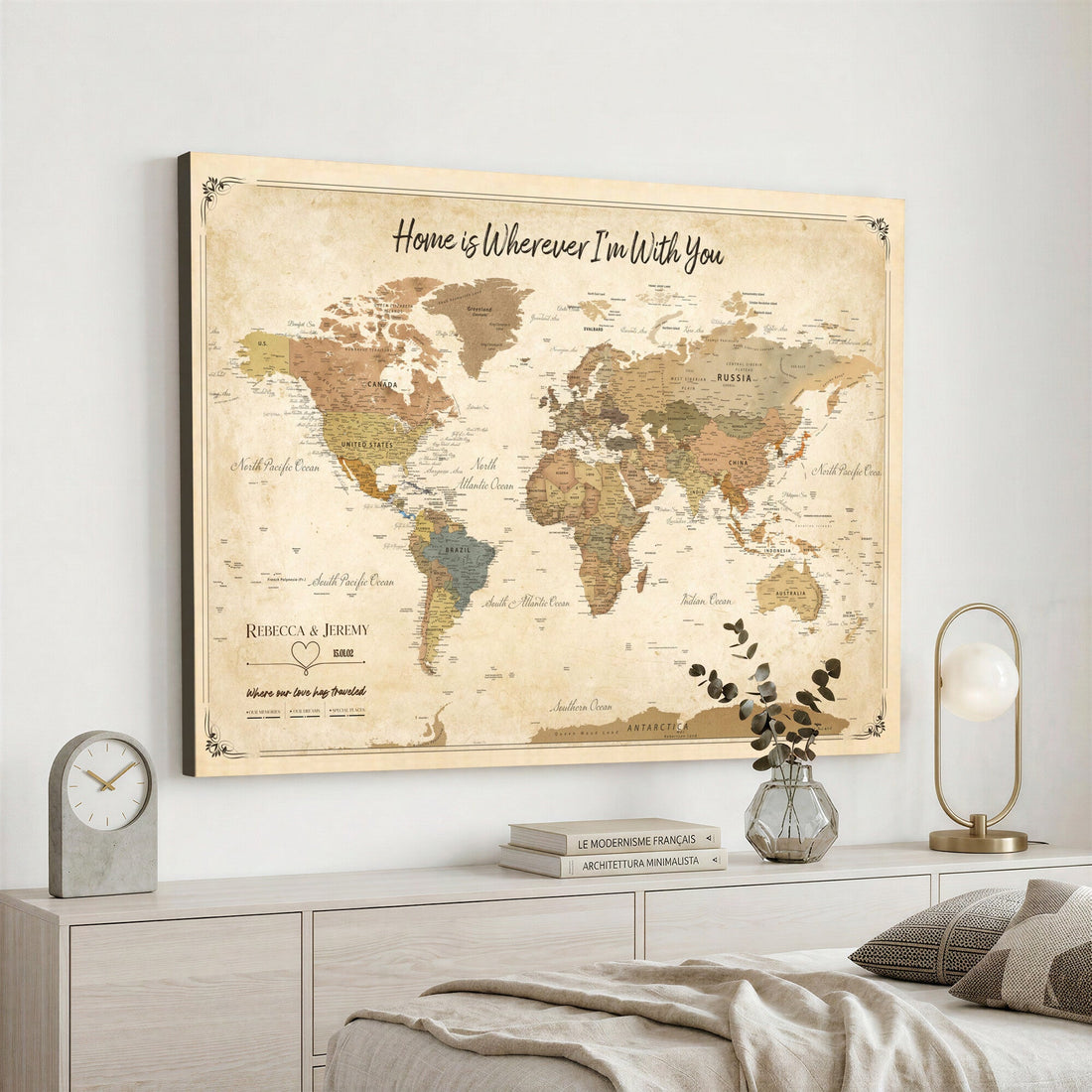 Personalized Framed Blue Push Pin World Map Wall Art, Bucket List Map, Dining Room and Study Decor