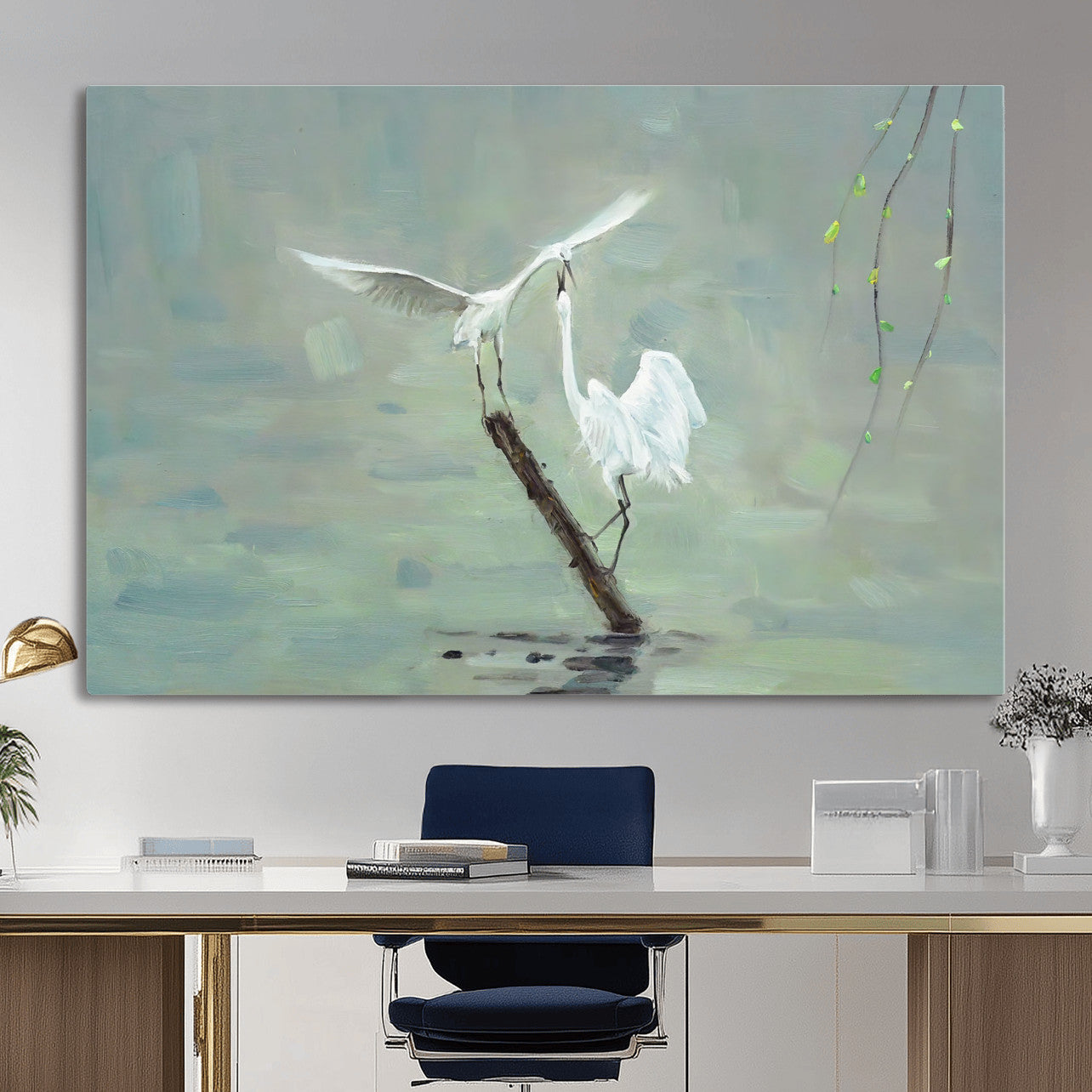 91124838-MGV-CV-36X24 - Two White Egrets on Marsh Branch Wall Art Canvas Print - Vintage Style Coastal Bird Poster